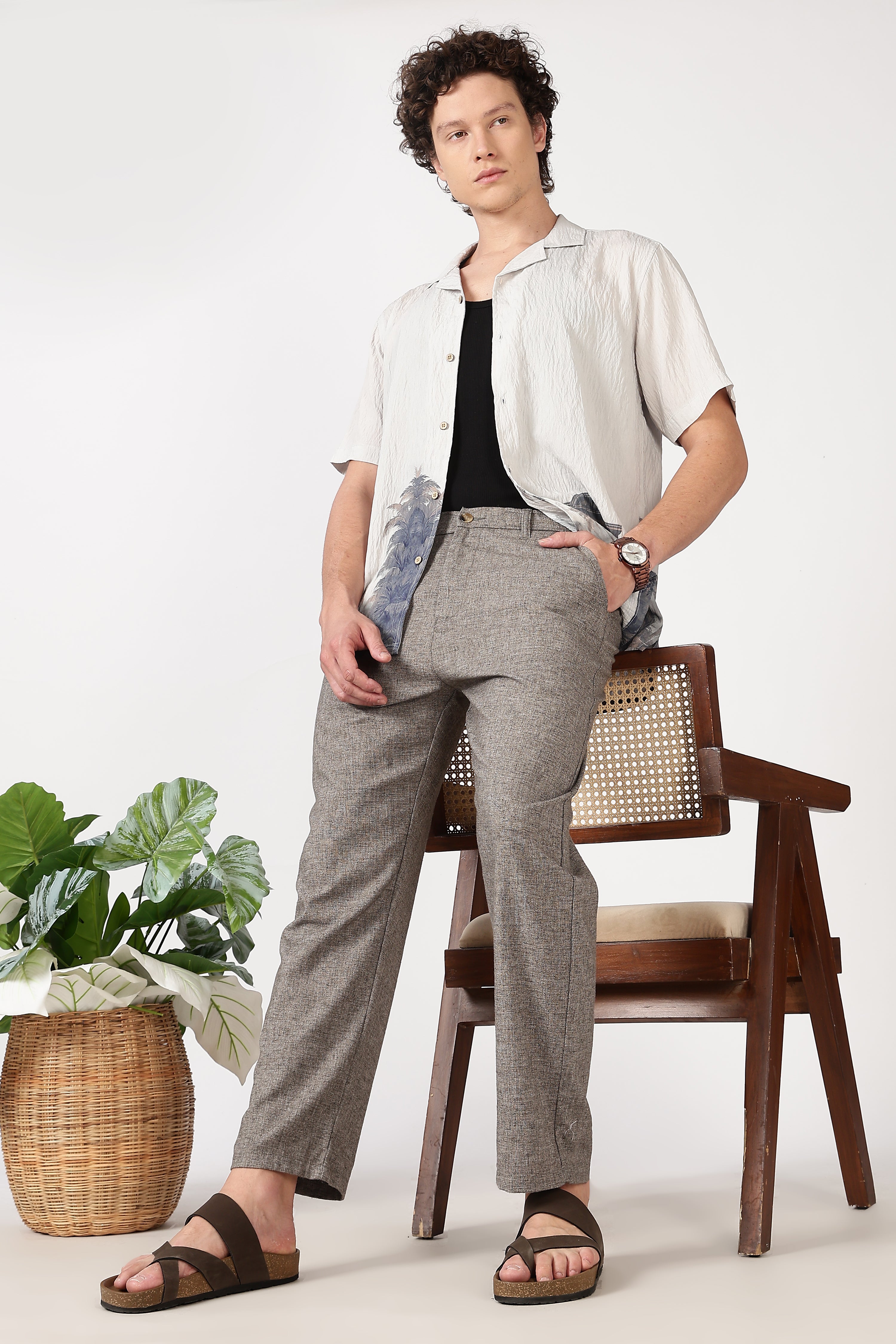 Linen-Style 100% Cotton Straight Fit Brown Textured Pant