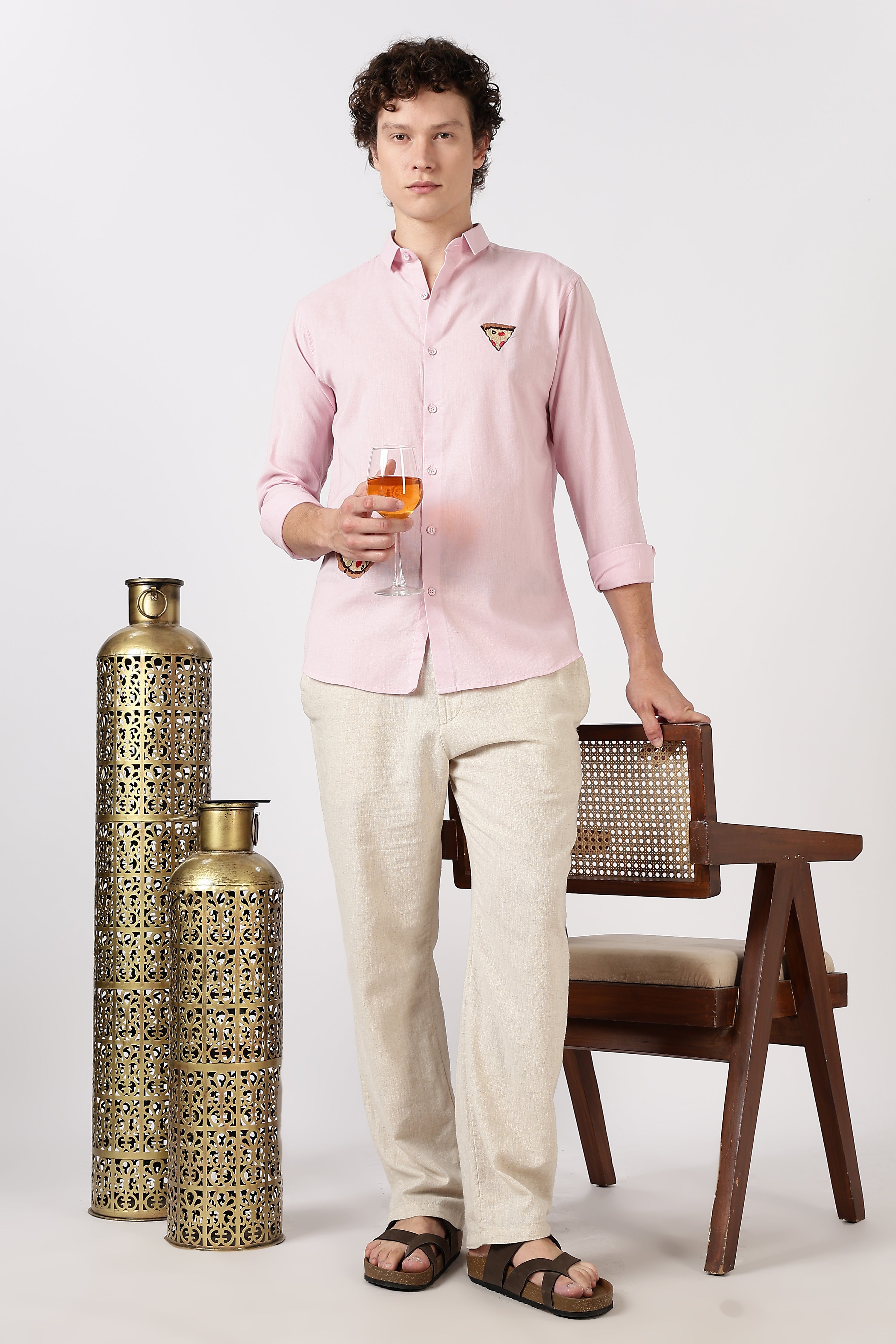 Café Sundown Slice Cotton Regular Fit Pink Embroidered Shirt