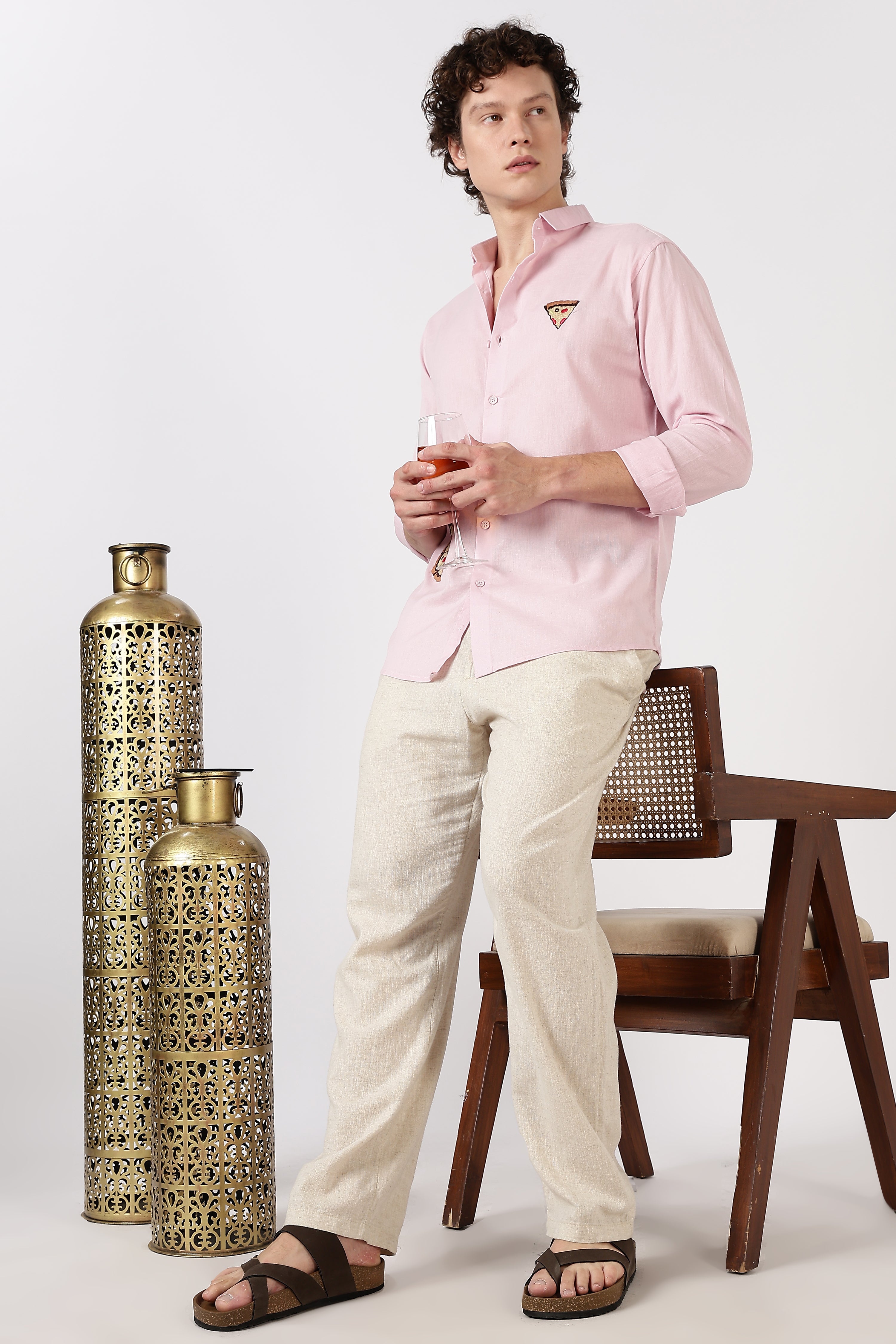 Café Sundown Slice Cotton Regular Fit Pink Embroidered Shirt