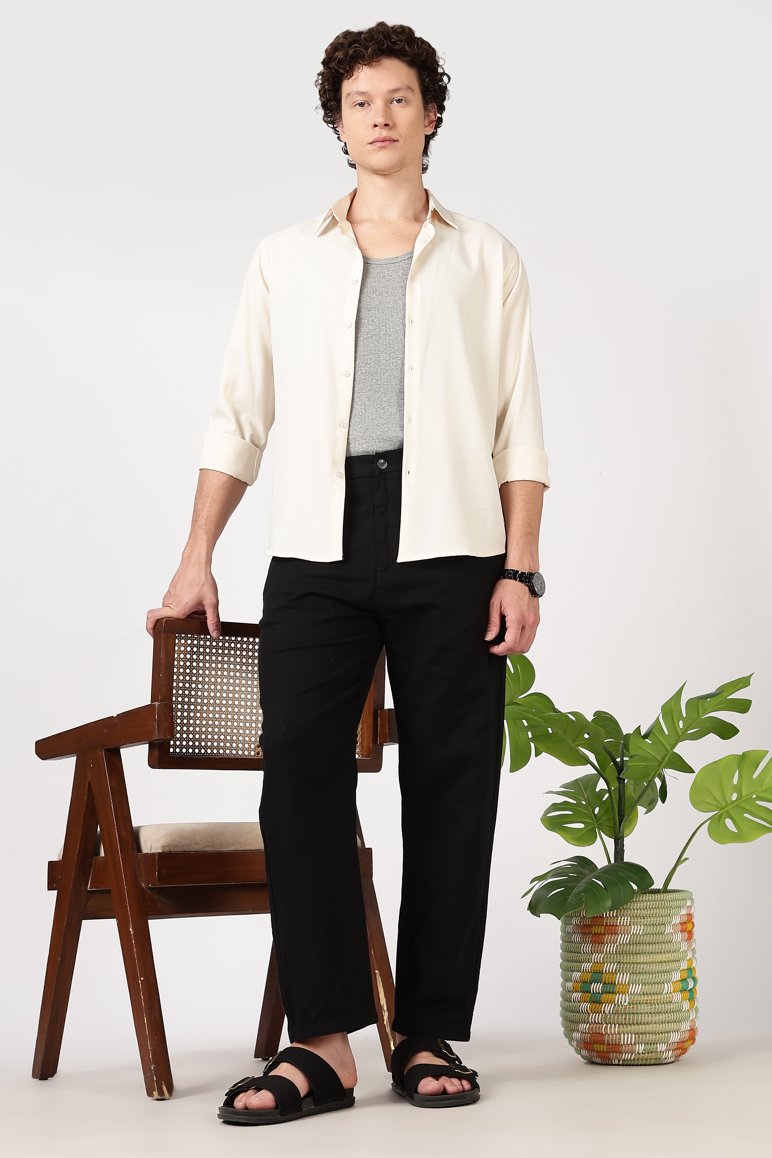 Linen-style 100% Cotton Straight Fit Black Pant
