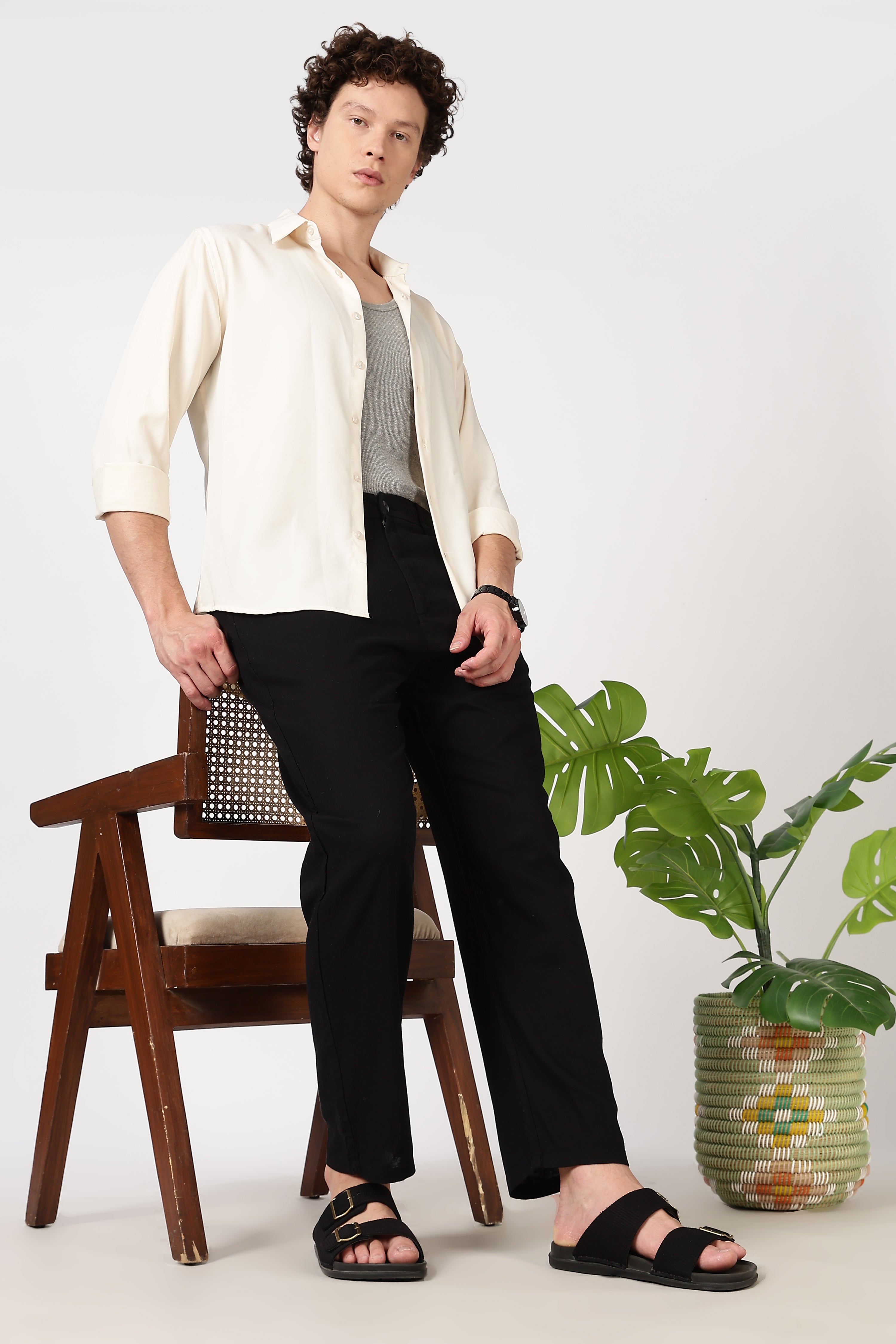 Linen-style 100% Cotton Straight Fit Black Pant