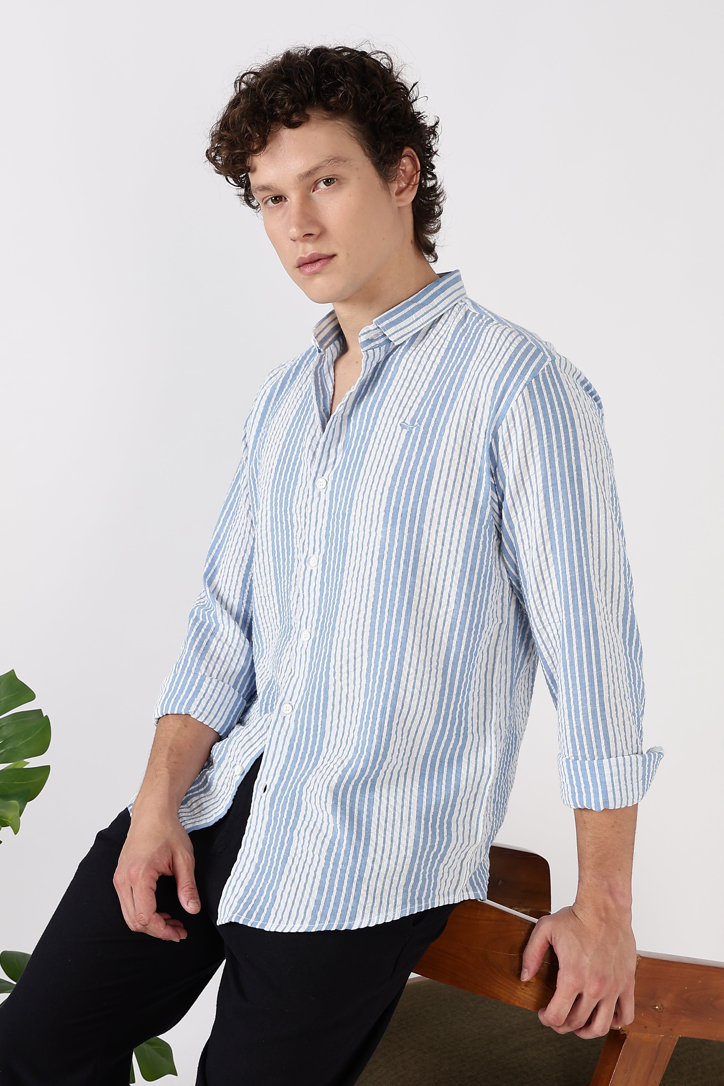 Seersucker Pinstripe Cotton Regular Fit Skyline Striped Shirt