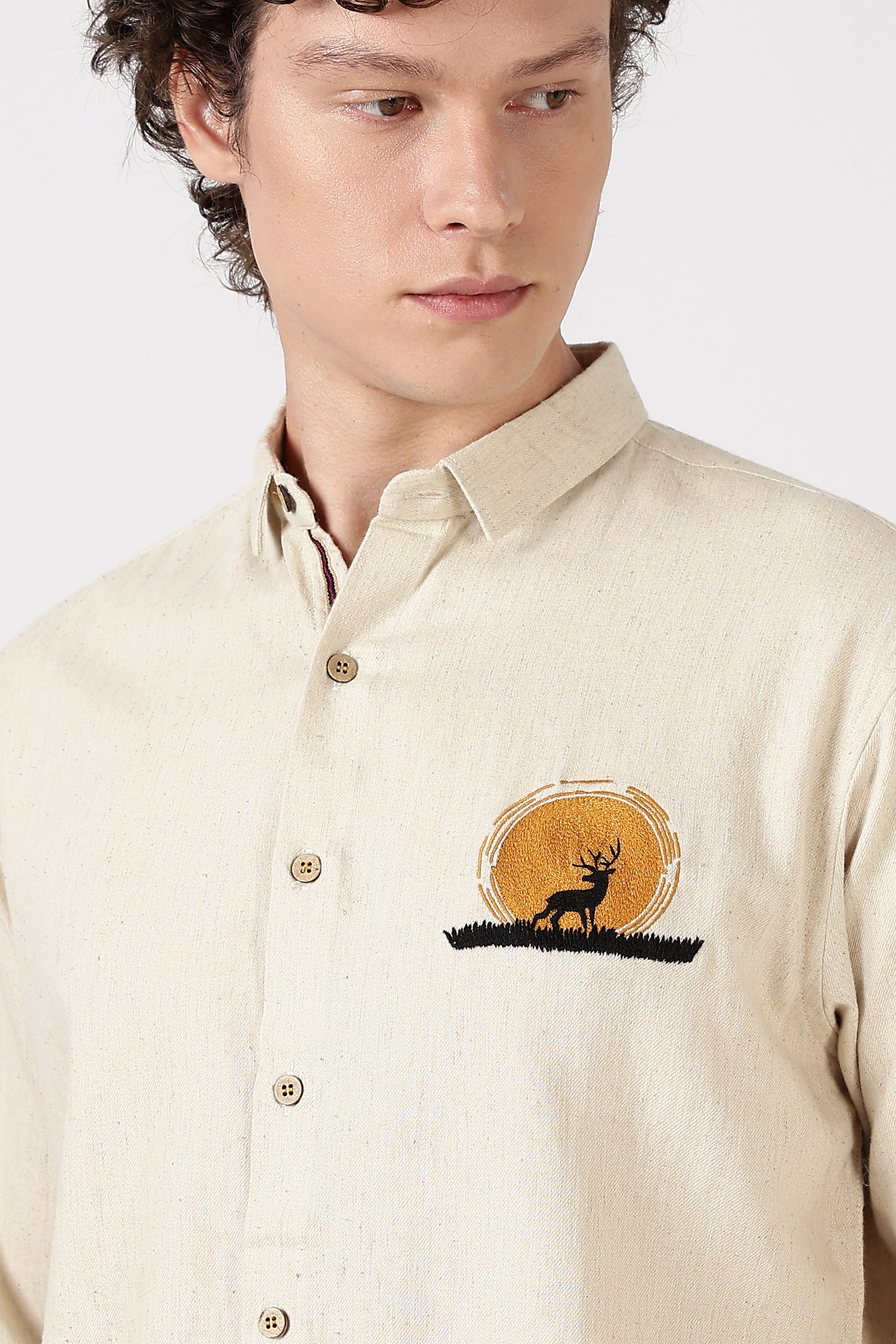 Golden Stag Cotton Regular Fit Beige Embroidered Shirt
