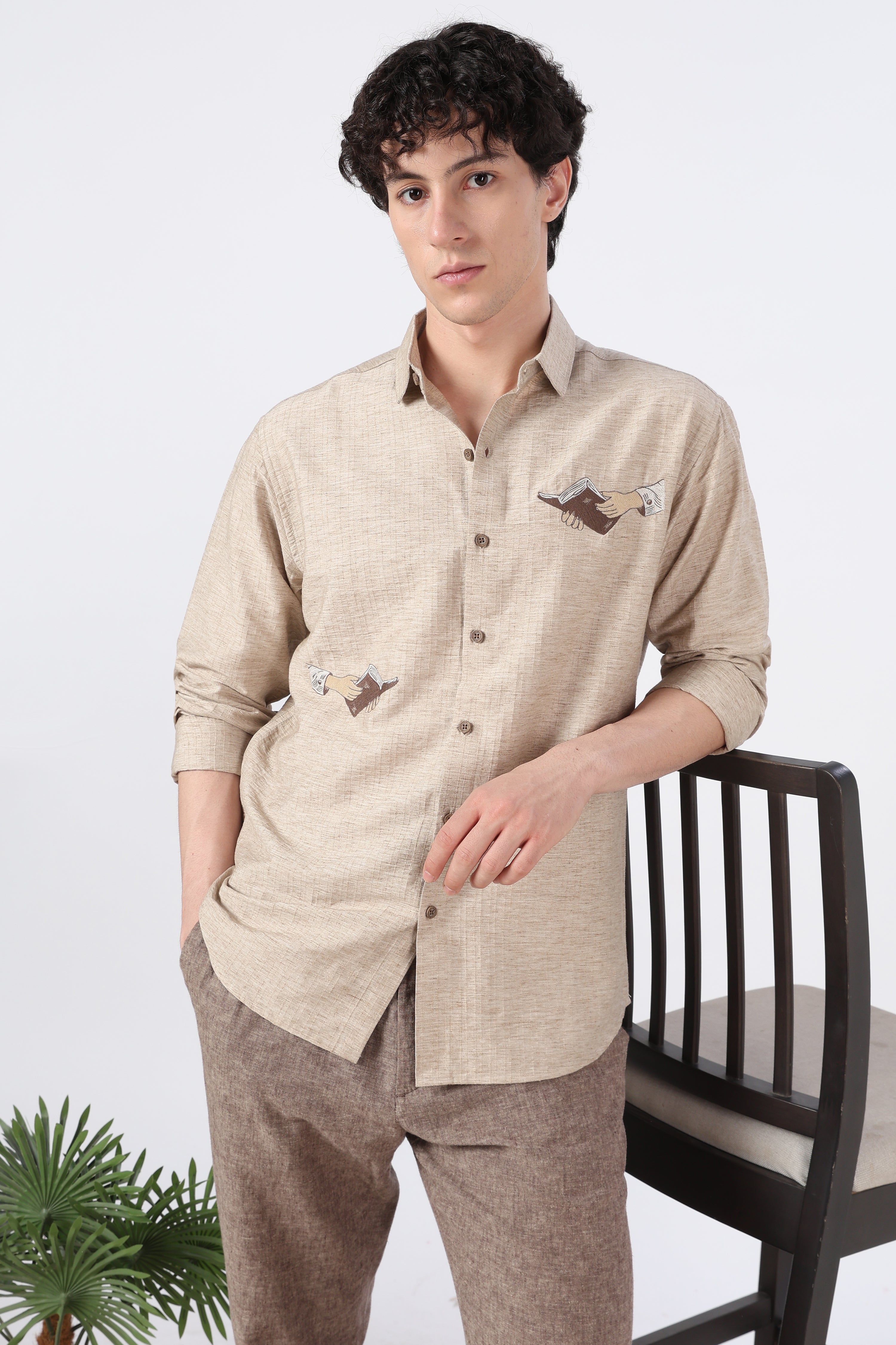 Hand Book Minimalist Cotton Regular Fit Brown Embroidered Shirt