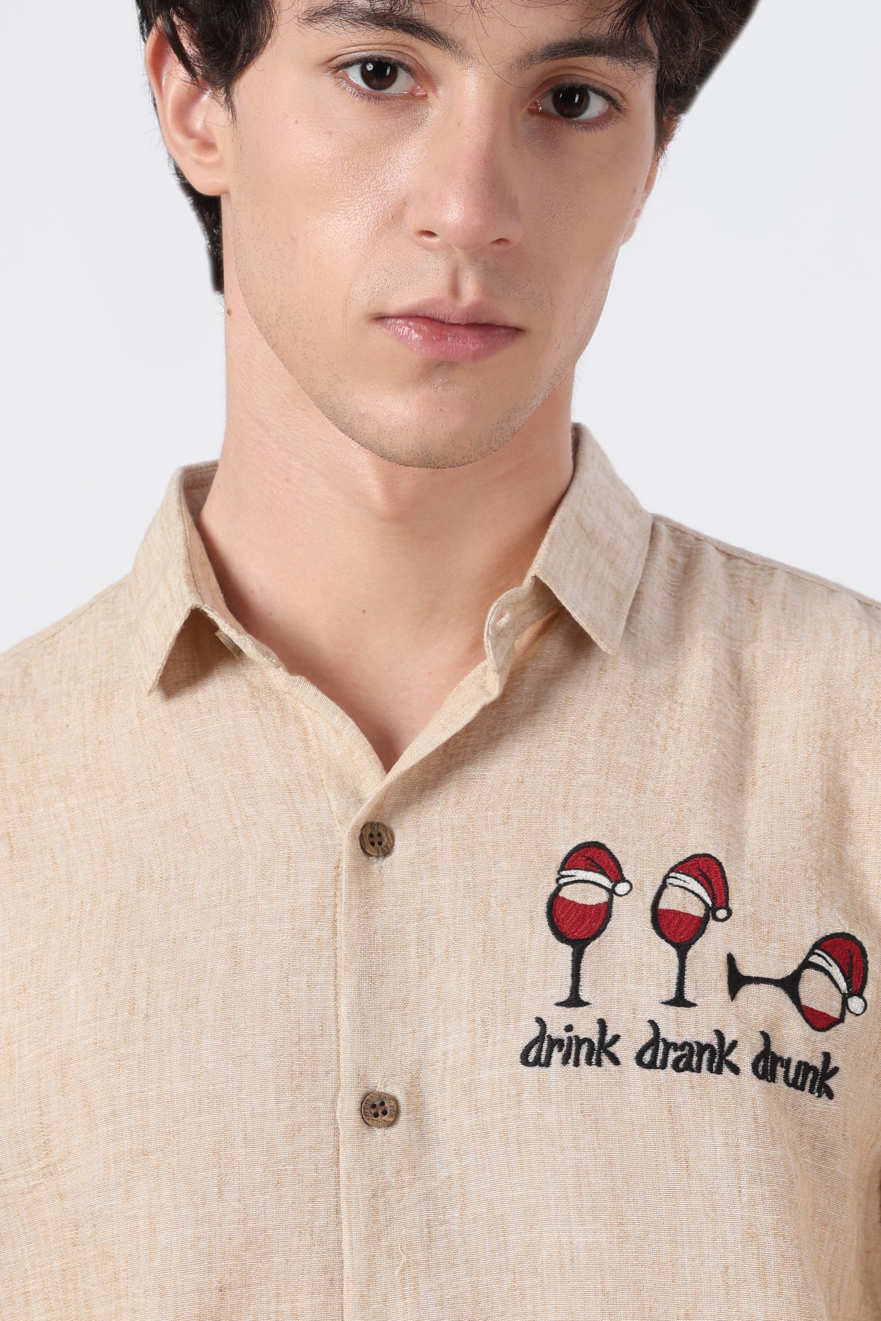 Drink Drank Drunk Cotton Regular Fit Peach Embroidered Shirt