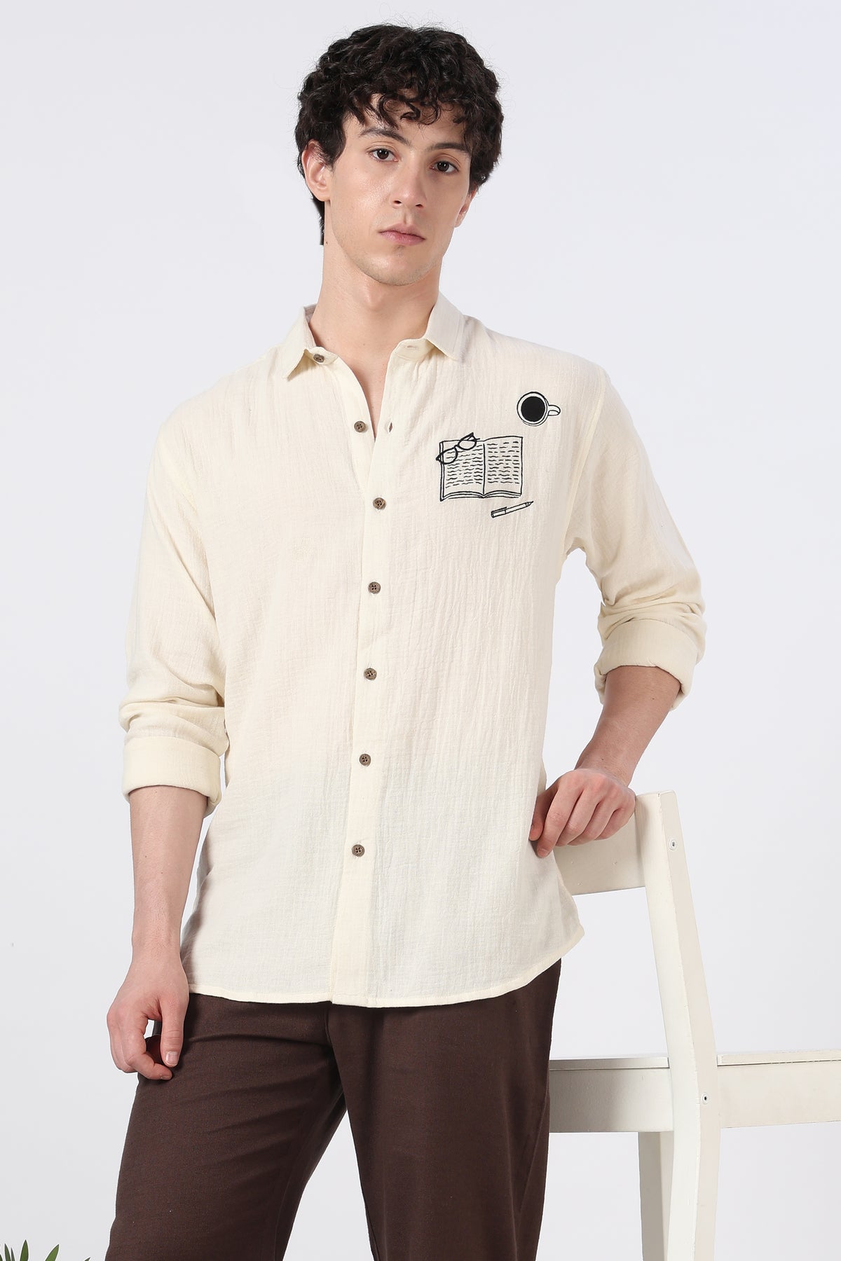 Study Break Muslin Double Cloth Regular Fit Beige Embroidered Shirt