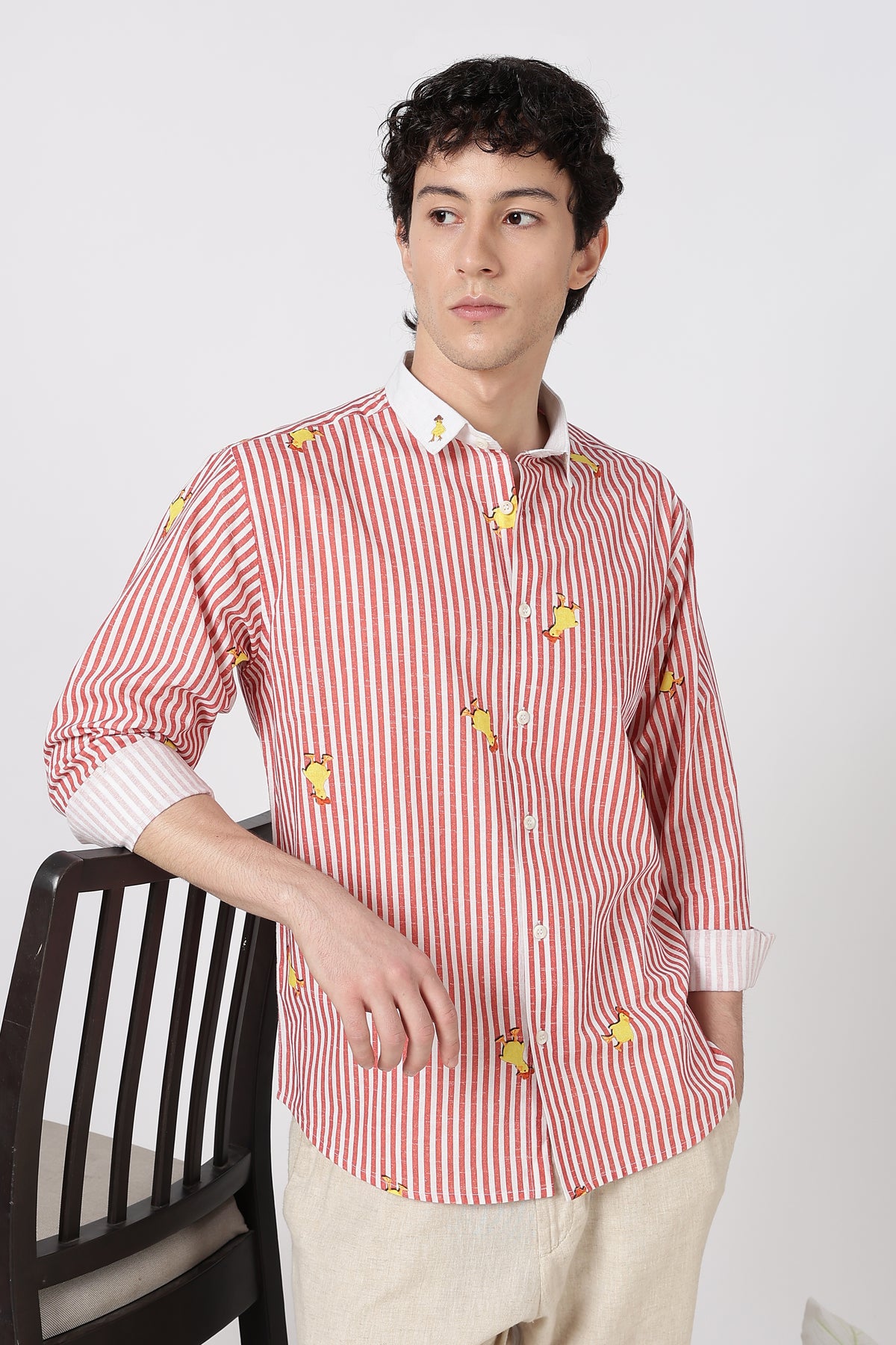 Playful Duck Cotton Regular Fit Red Stripe Printed Shirt