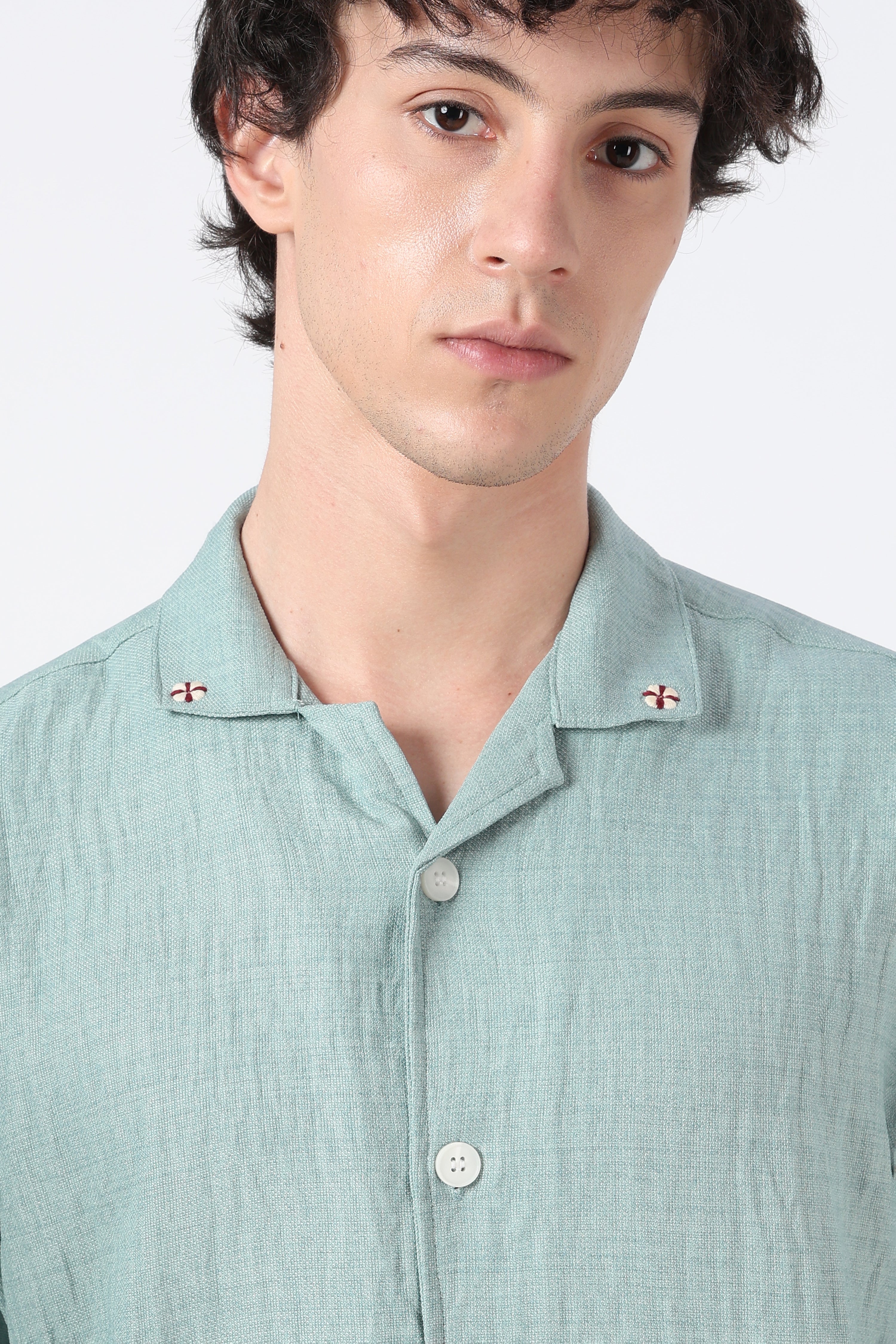 Sailboat Hem Cotton Box Fit Sky Blue Embroidered Shirt