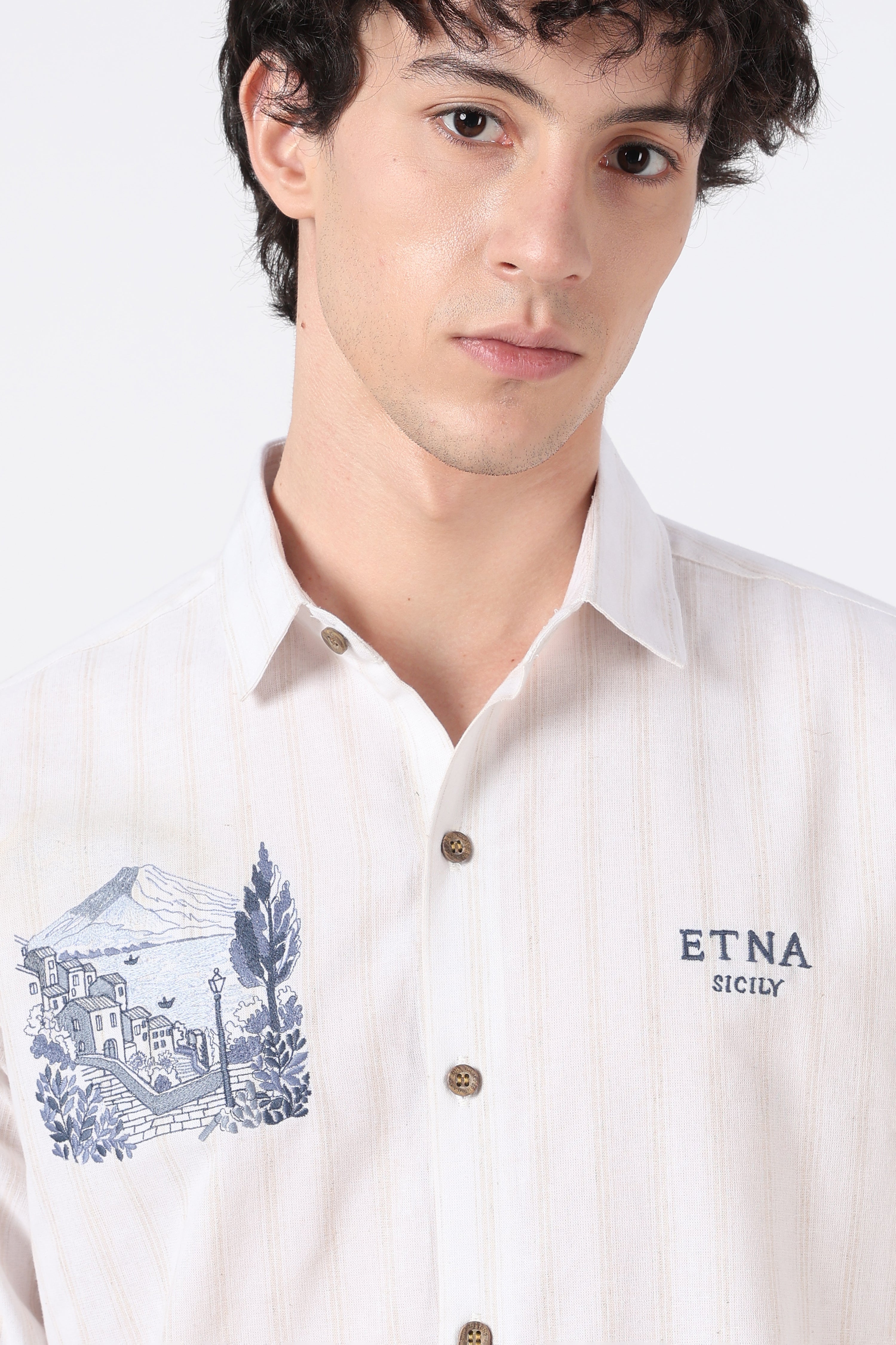 Sicilian Vista Cotton Regular Fit White Striped Embroidered Shirt