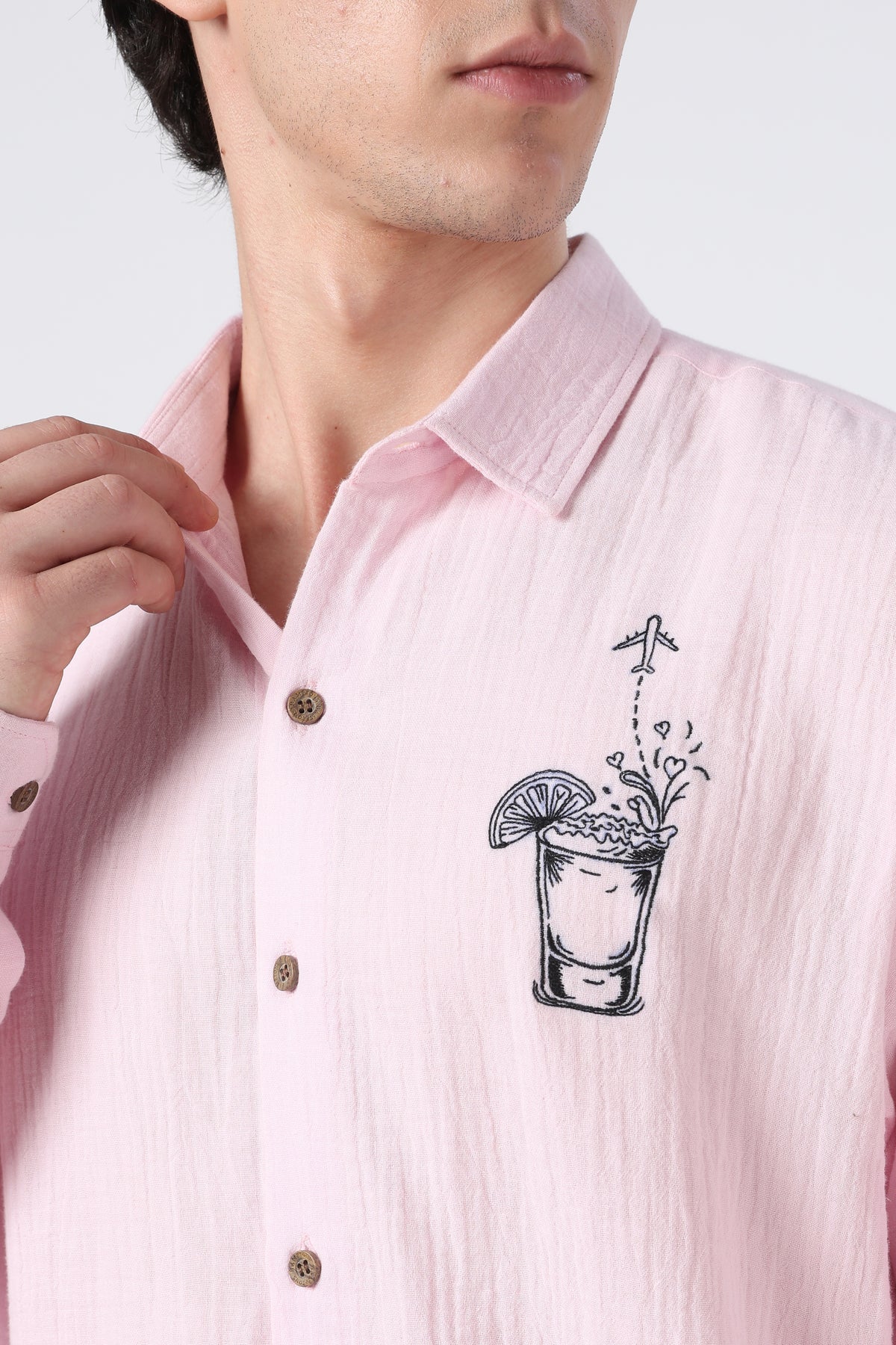 Traveller's favourite Regular Fit 100% Cotton Muslin Double Cloth Pink Embroidered Shirt