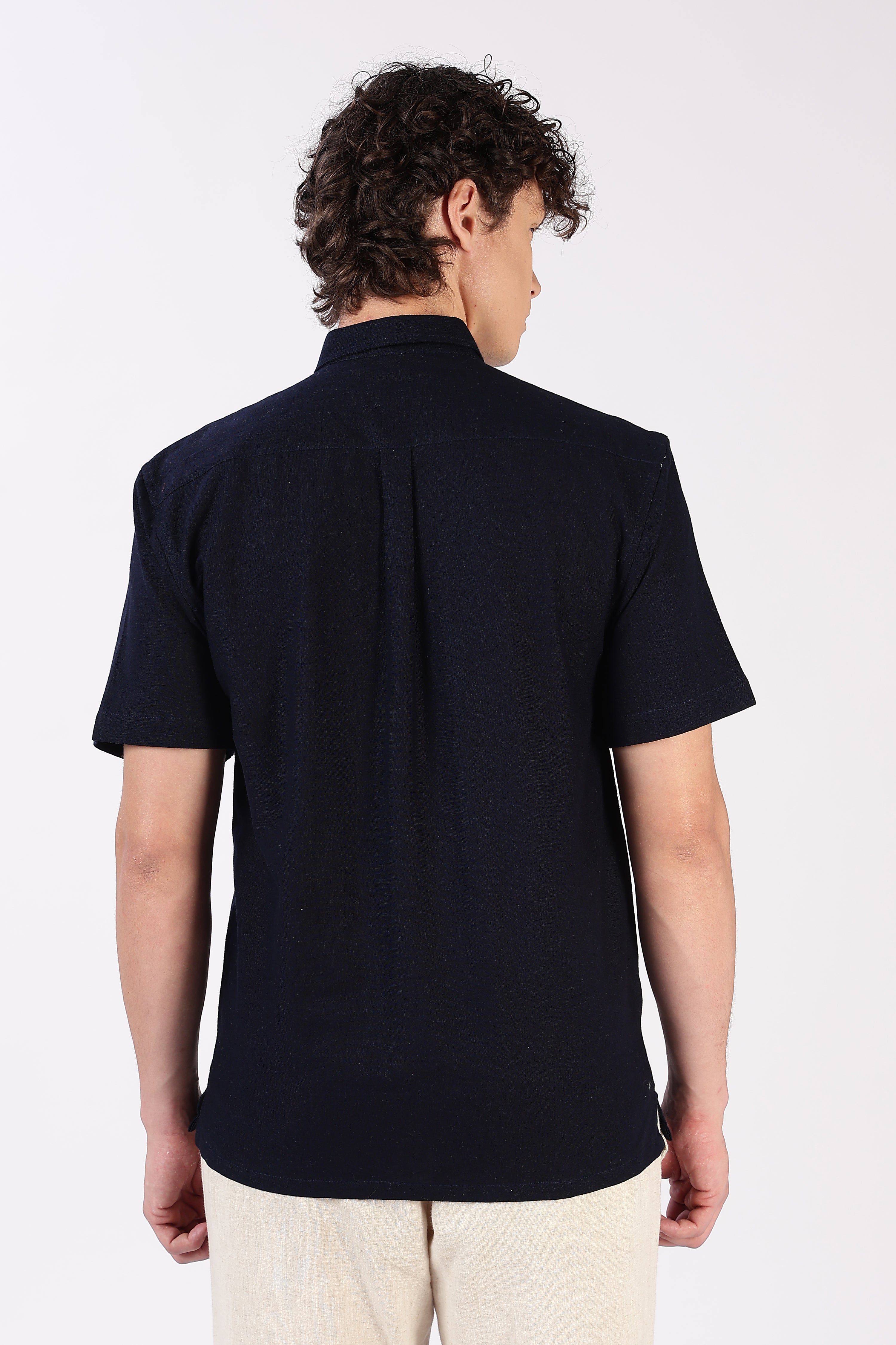 Sands of Sahara Cotton Box Fit Navy Blue Embroidered Shirt