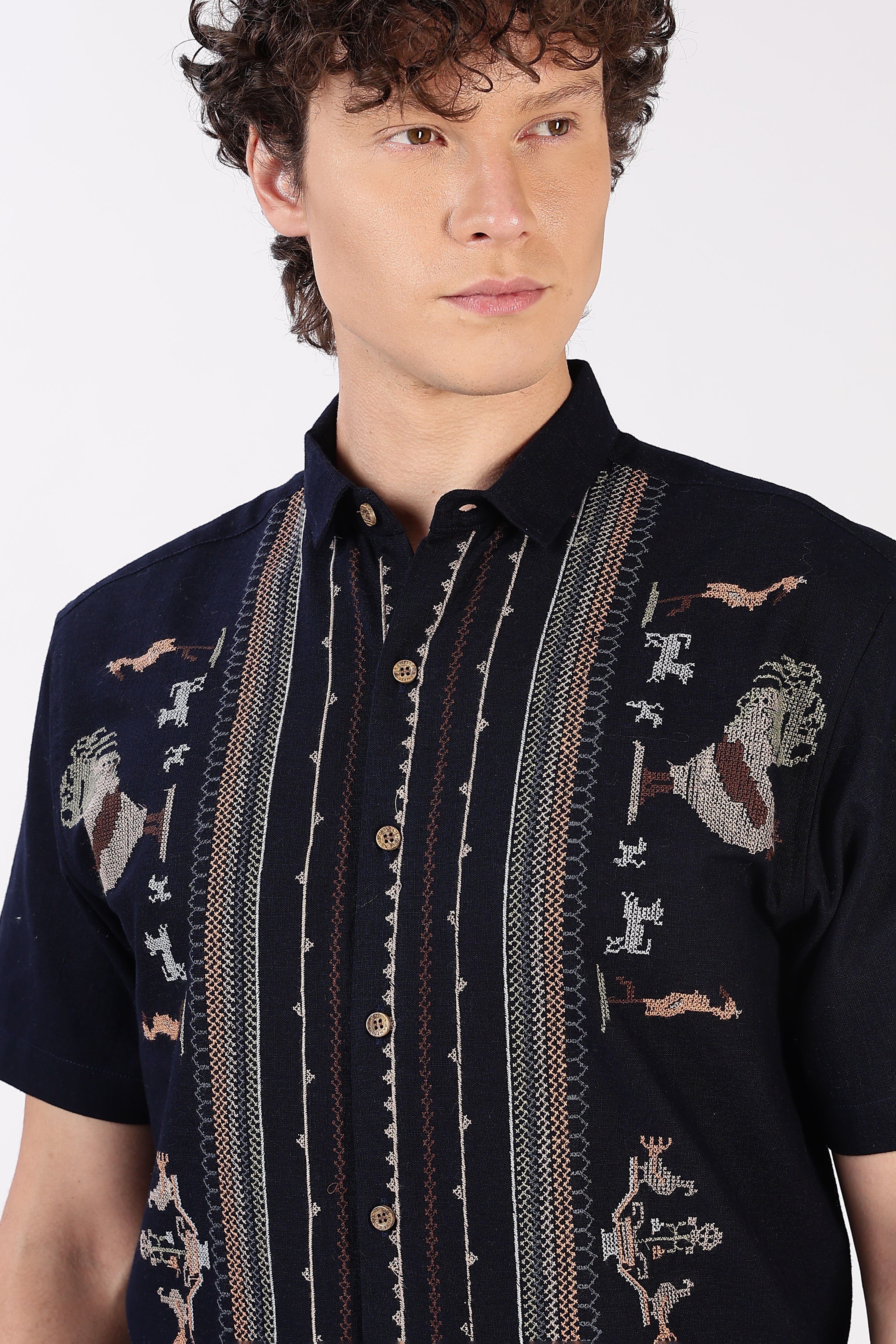 Sands of Sahara Cotton Box Fit Navy Blue Embroidered Shirt
