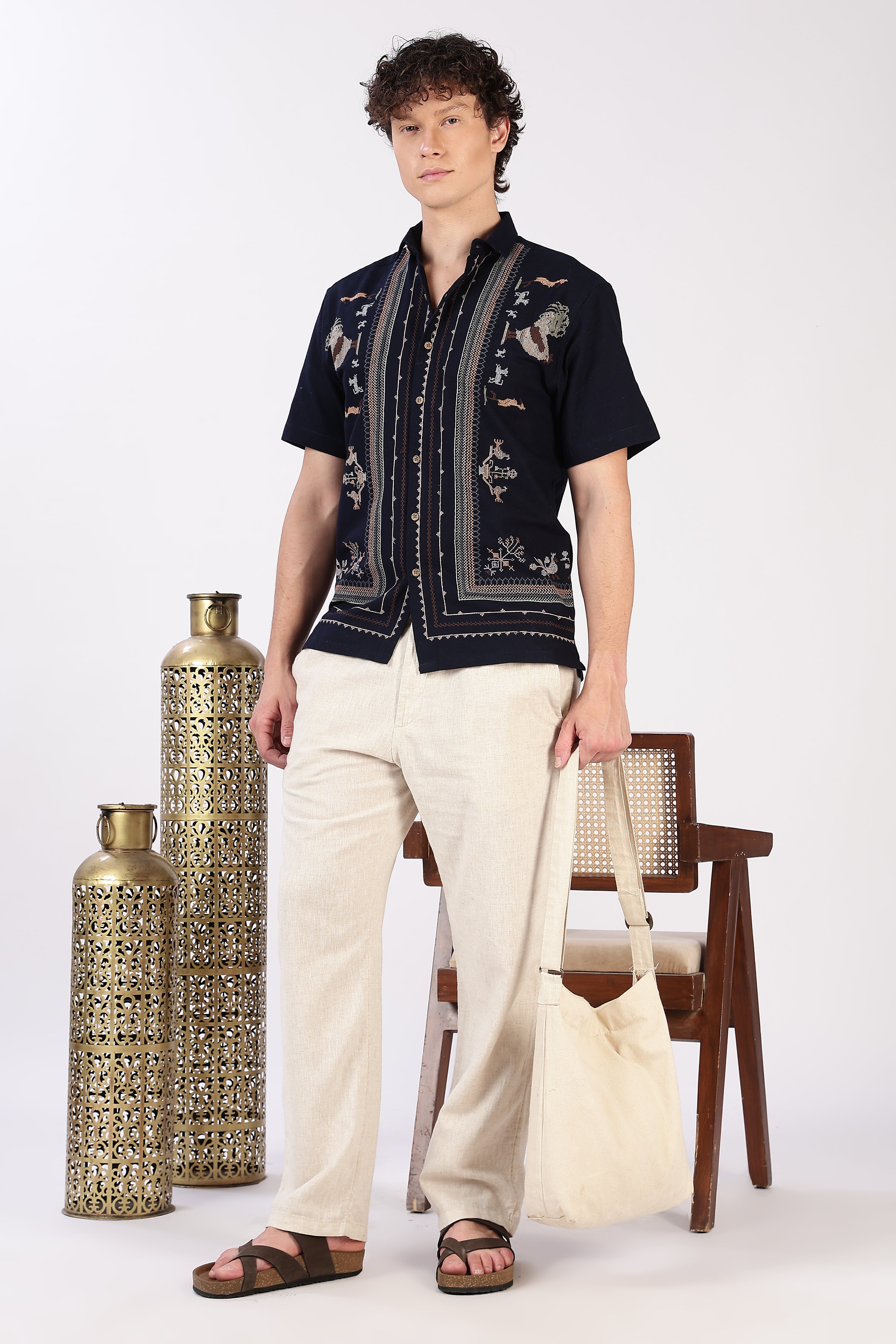 Sands of Sahara Cotton Box Fit Navy Blue Embroidered Shirt