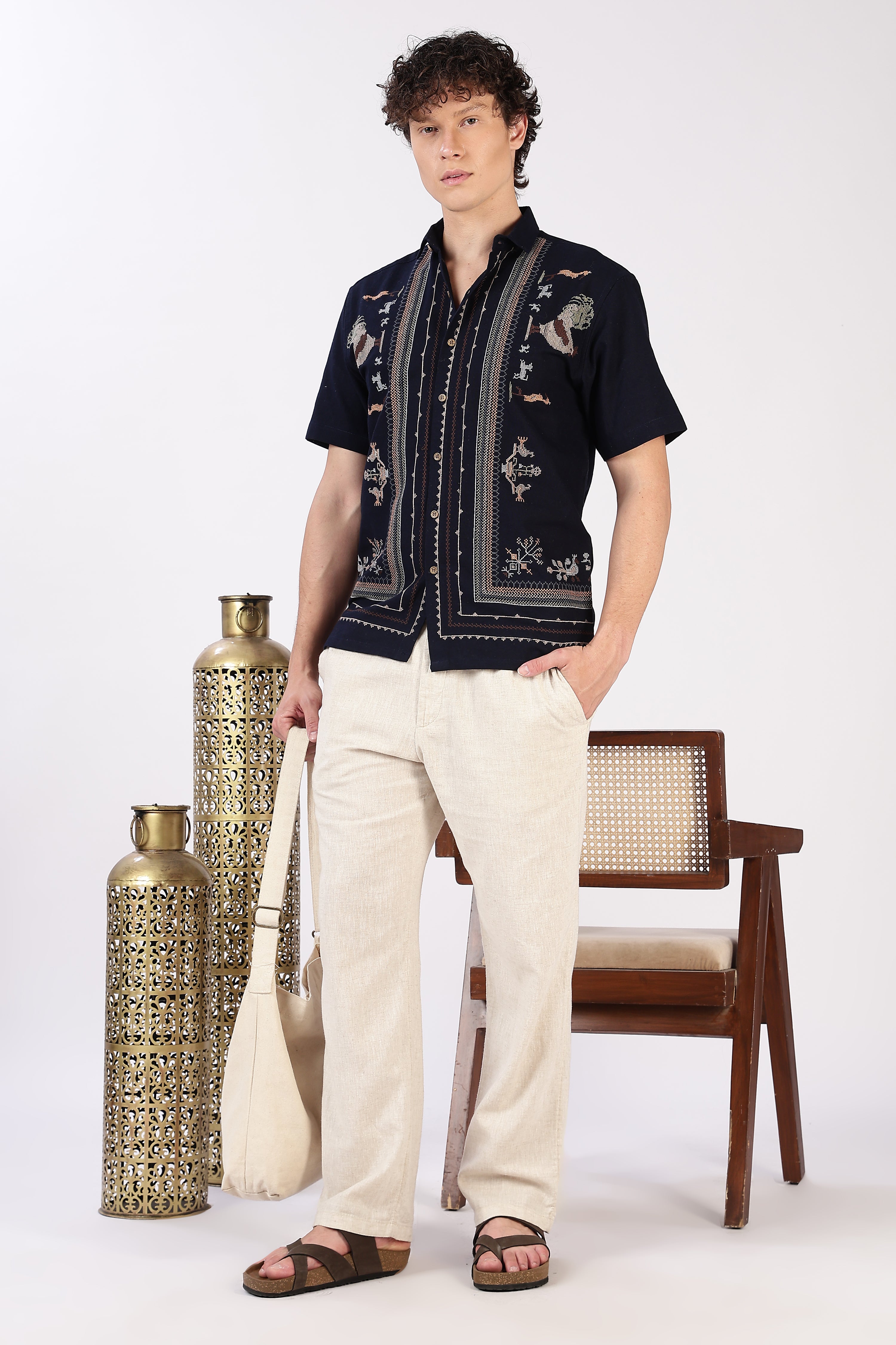 Sands of Sahara Cotton Box Fit Navy Blue Embroidered Shirt