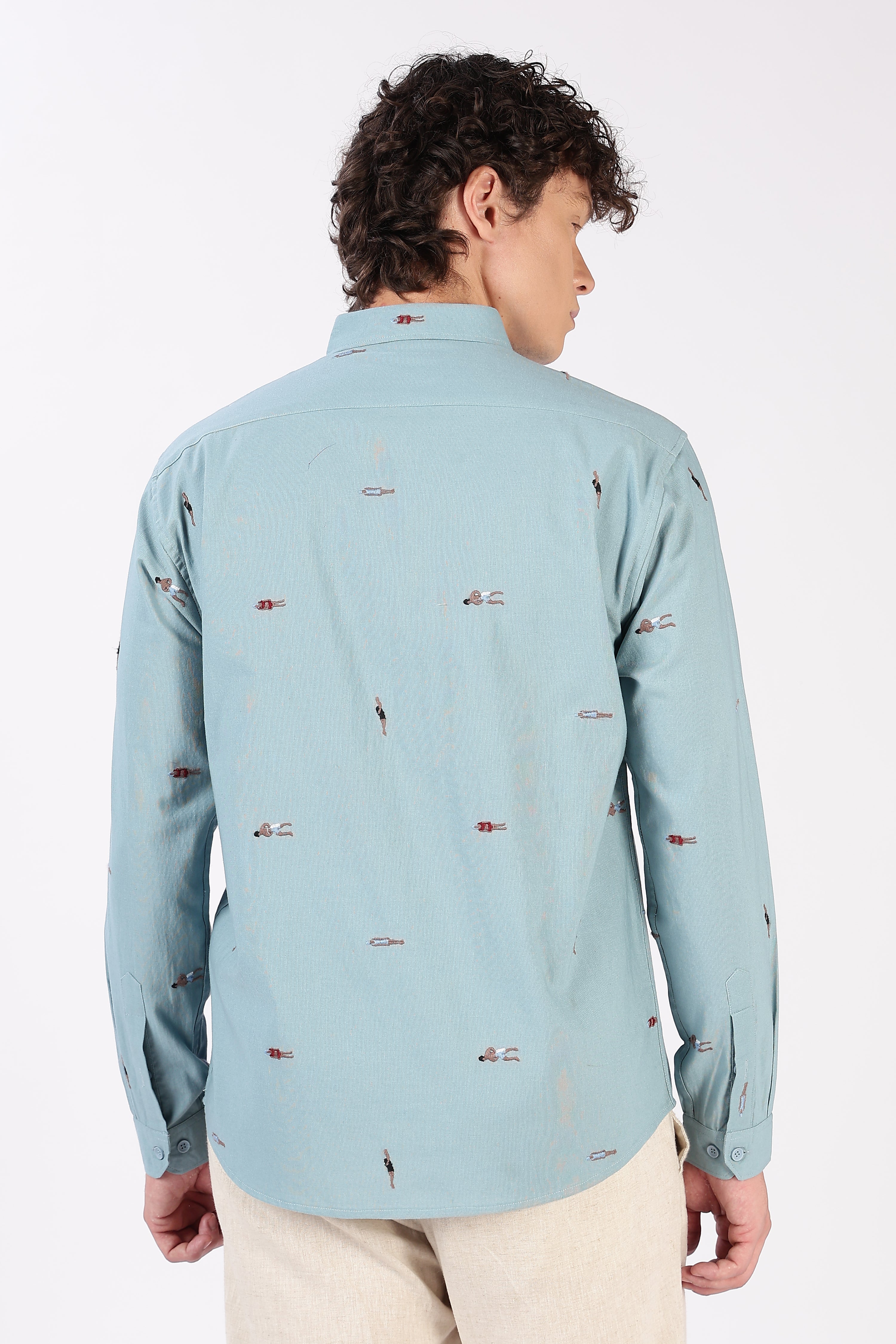 Aqua Beach Walk Embroidered Cotton Shirt