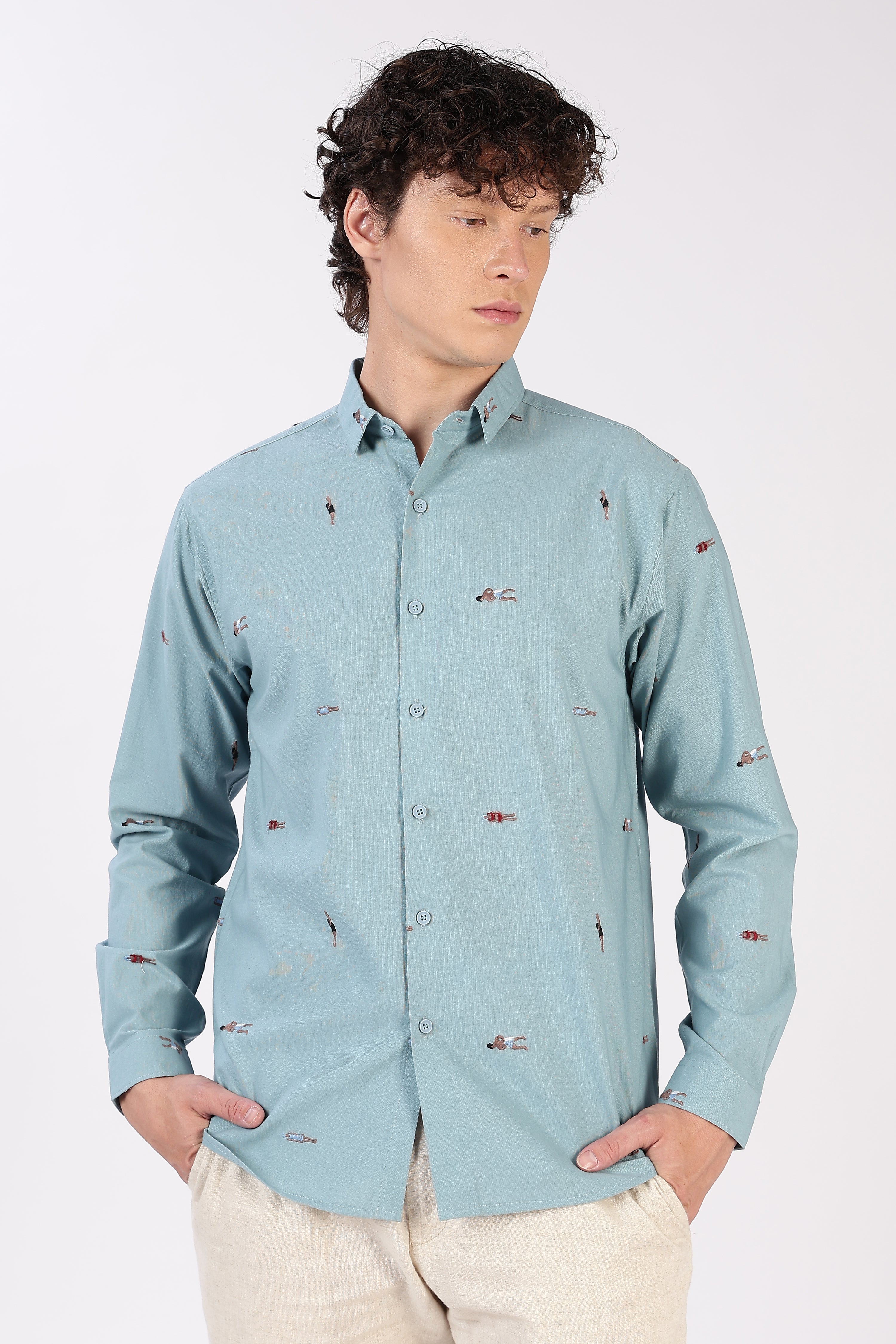 Aqua Beach Motif Cotton Regular Fit Sky Blue Embroidered Shirt