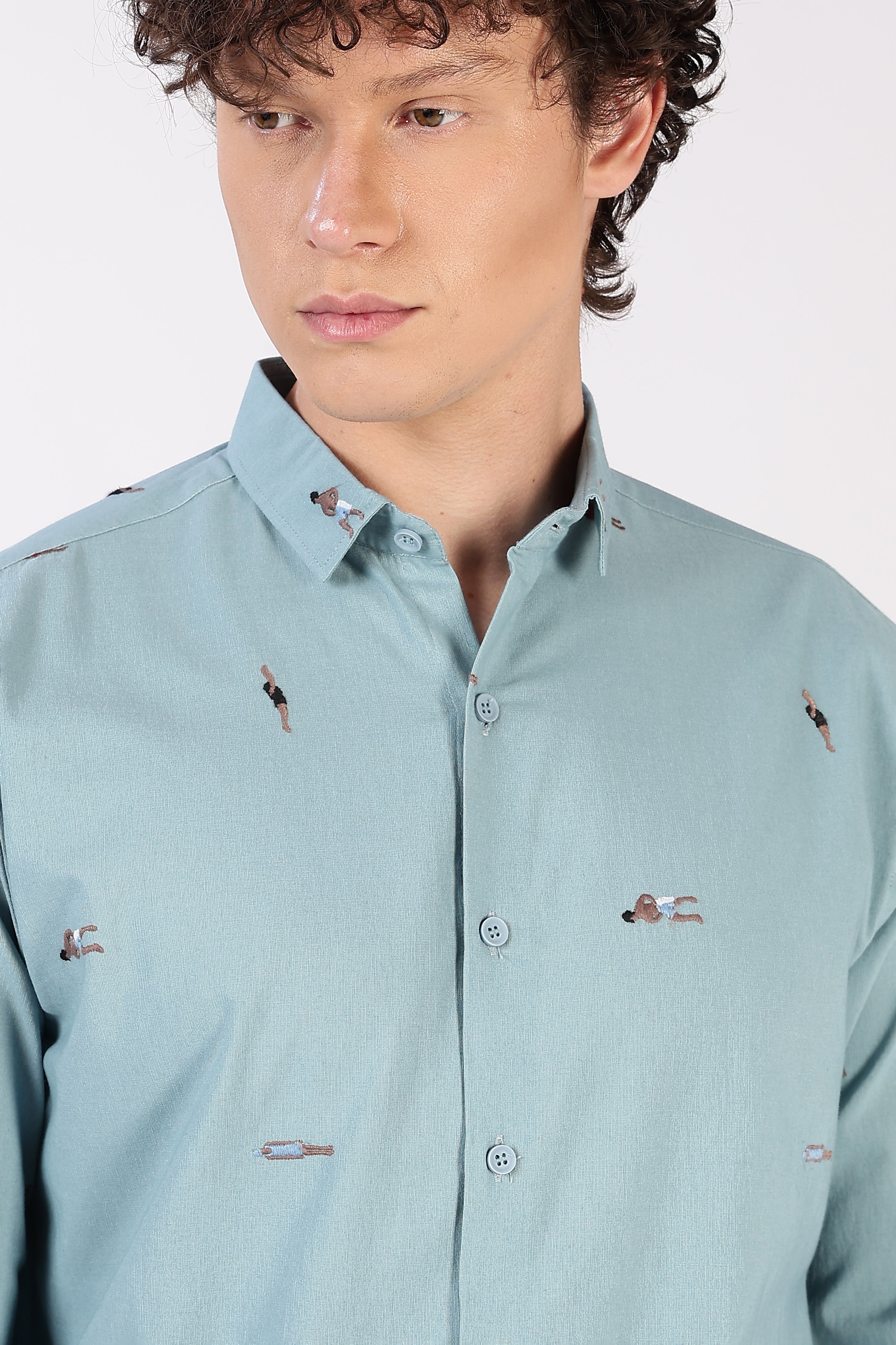Aqua Beach Motif Cotton Regular Fit Sky Blue Embroidered Shirt