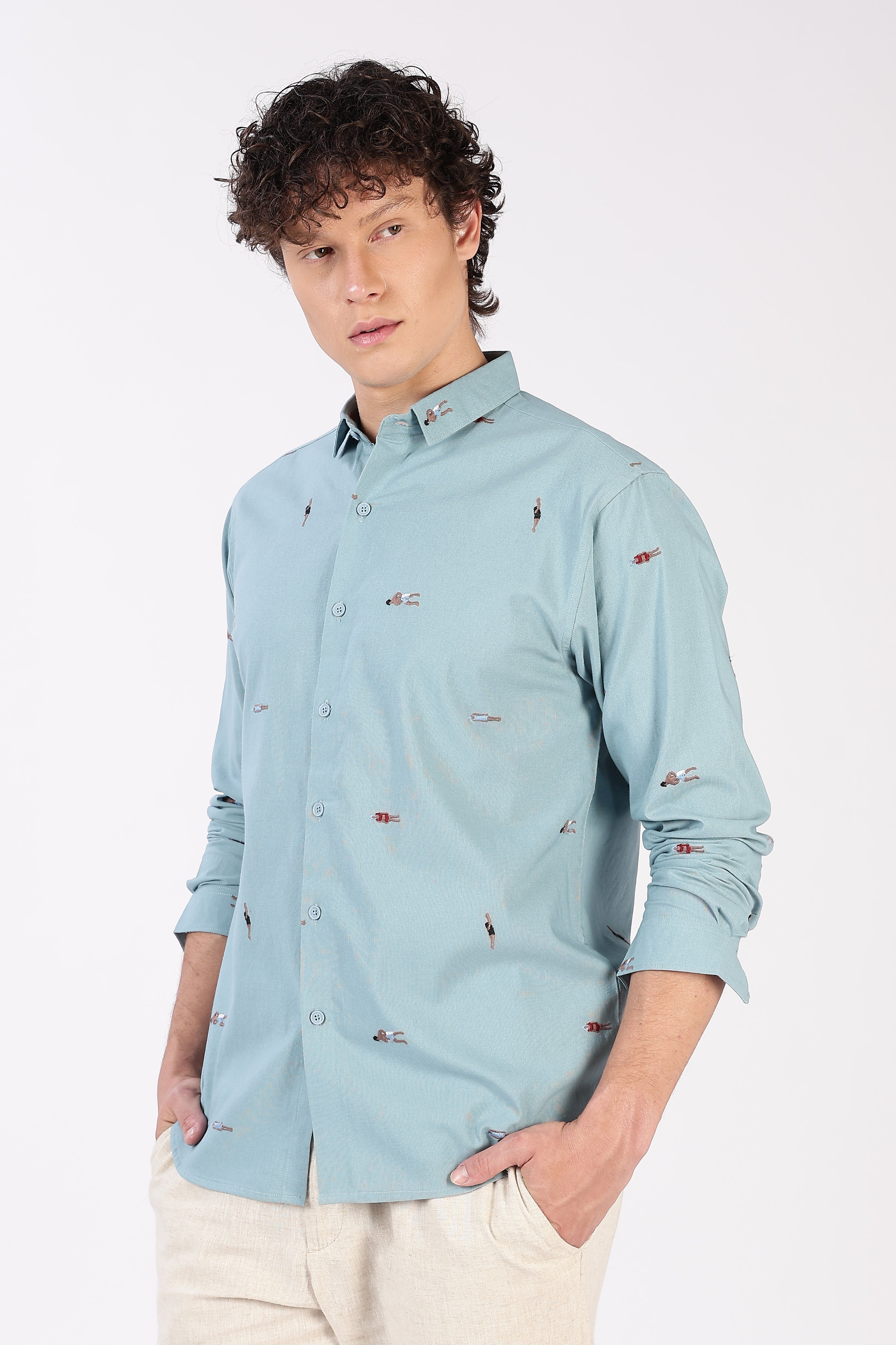 Aqua Beach Walk Embroidered Cotton Shirt