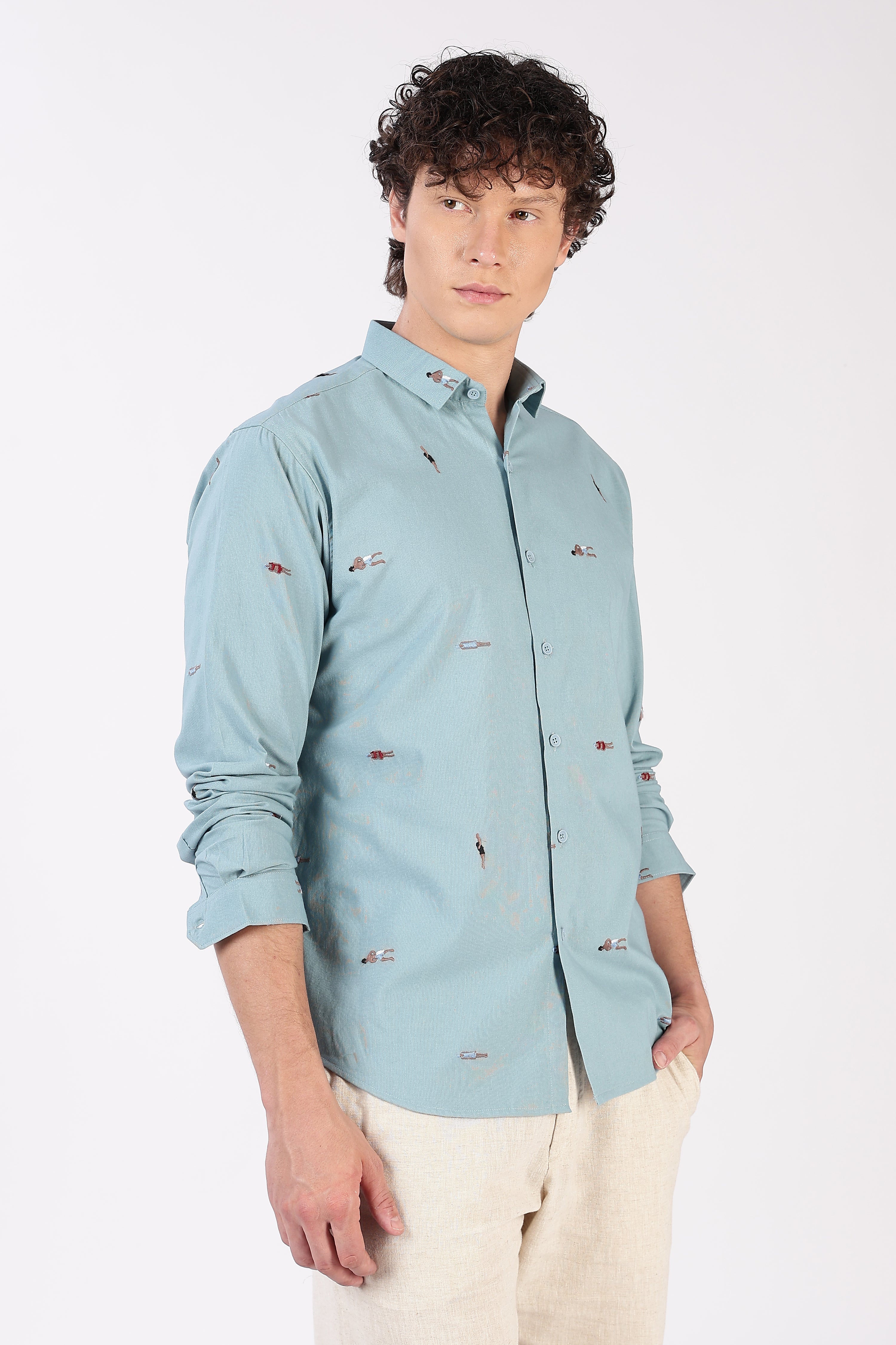 Aqua Beach Motif Cotton Regular Fit Sky Blue Embroidered Shirt