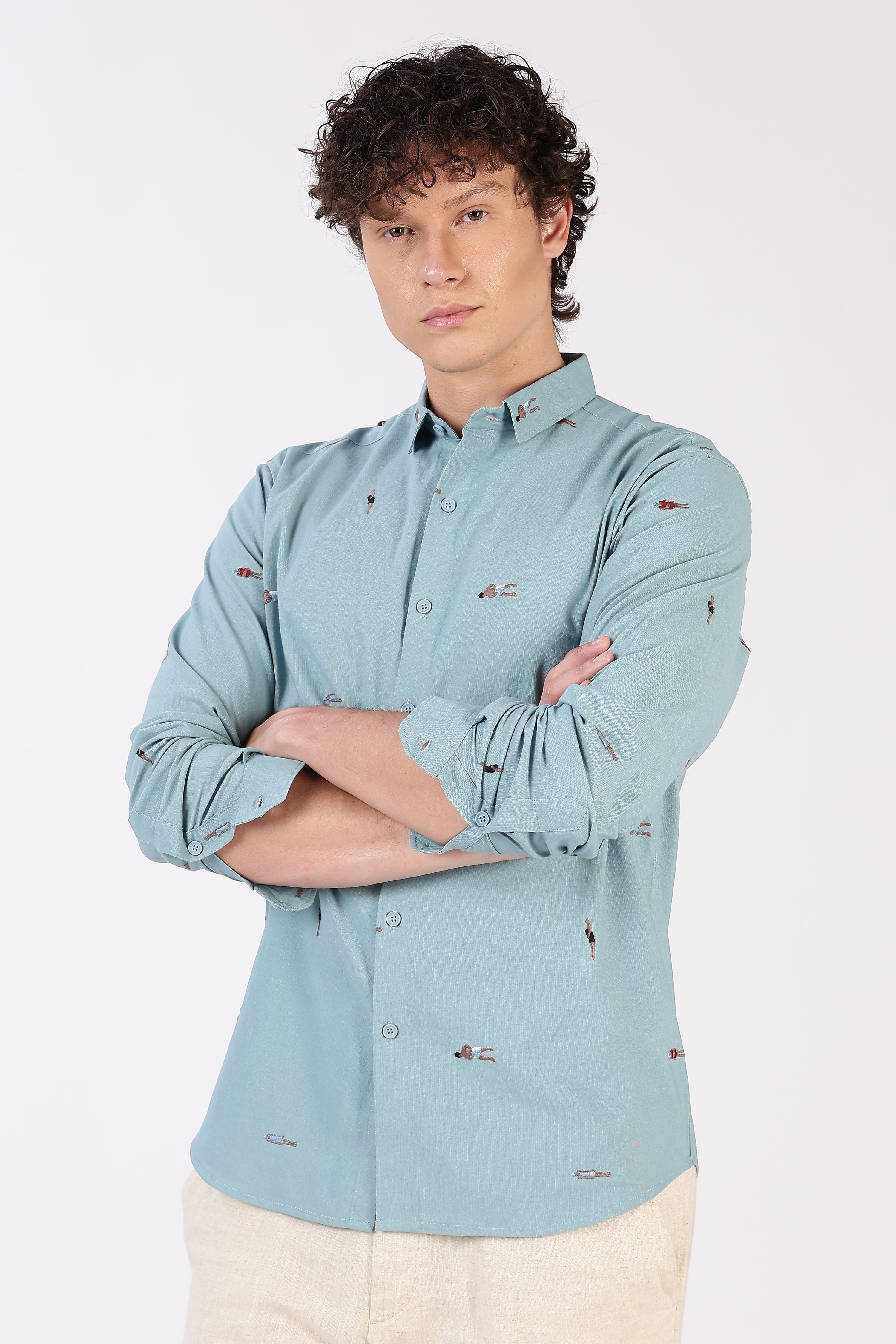 Aqua Beach Motif Cotton Regular Fit Sky Blue Embroidered Shirt