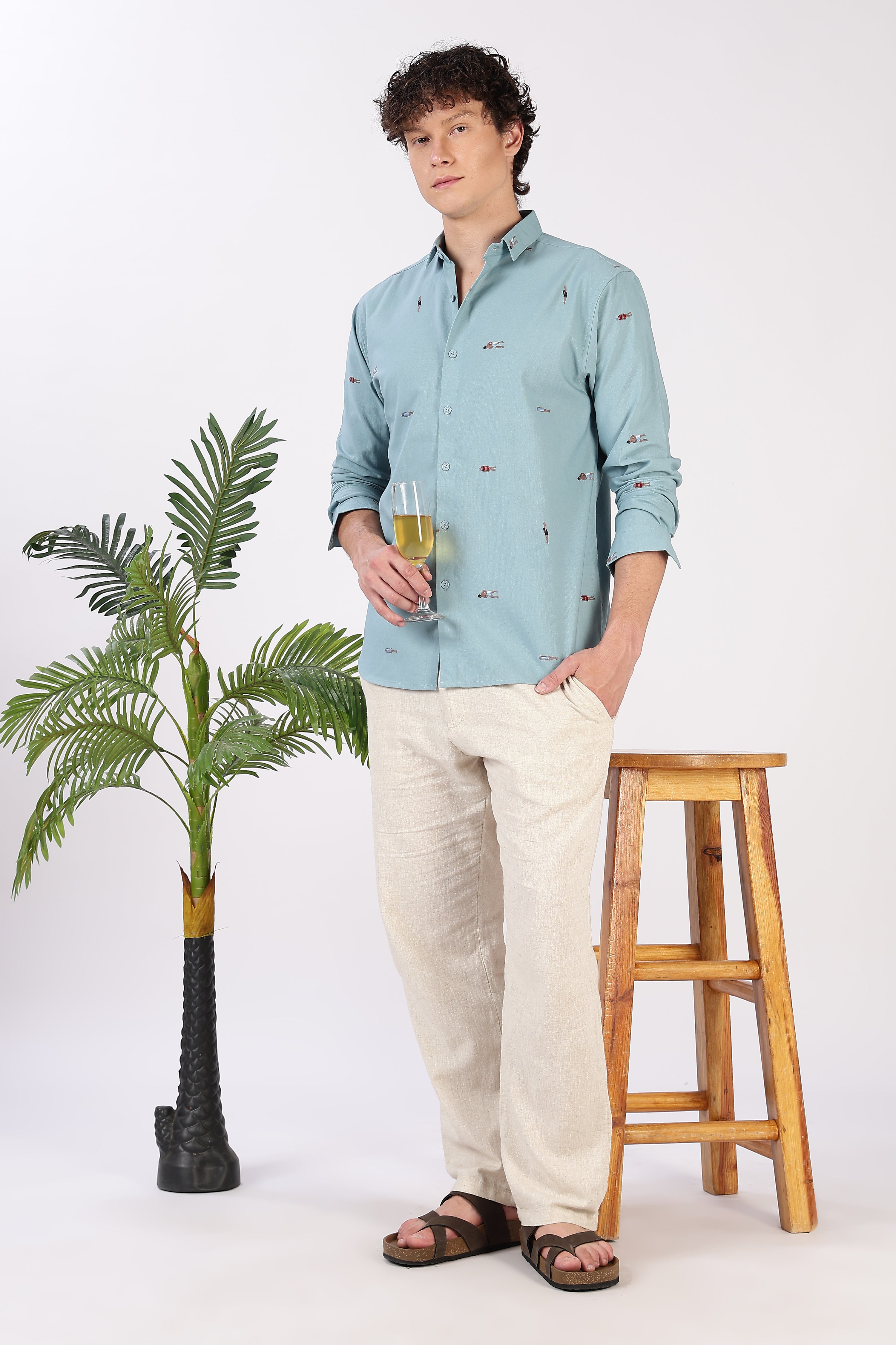 Aqua Beach Walk Embroidered Cotton Shirt