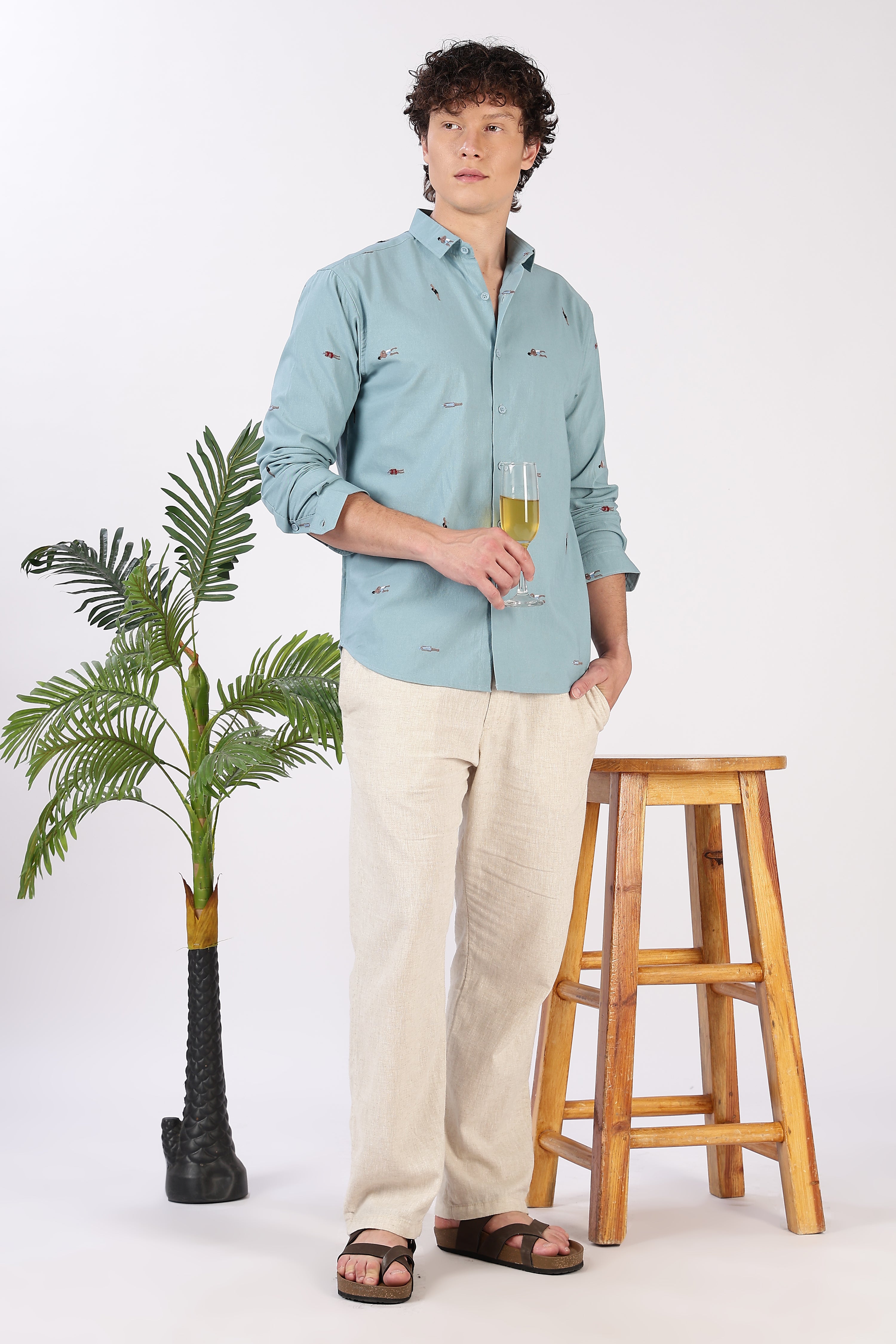 Aqua Beach Motif Cotton Regular Fit Sky Blue Embroidered Shirt