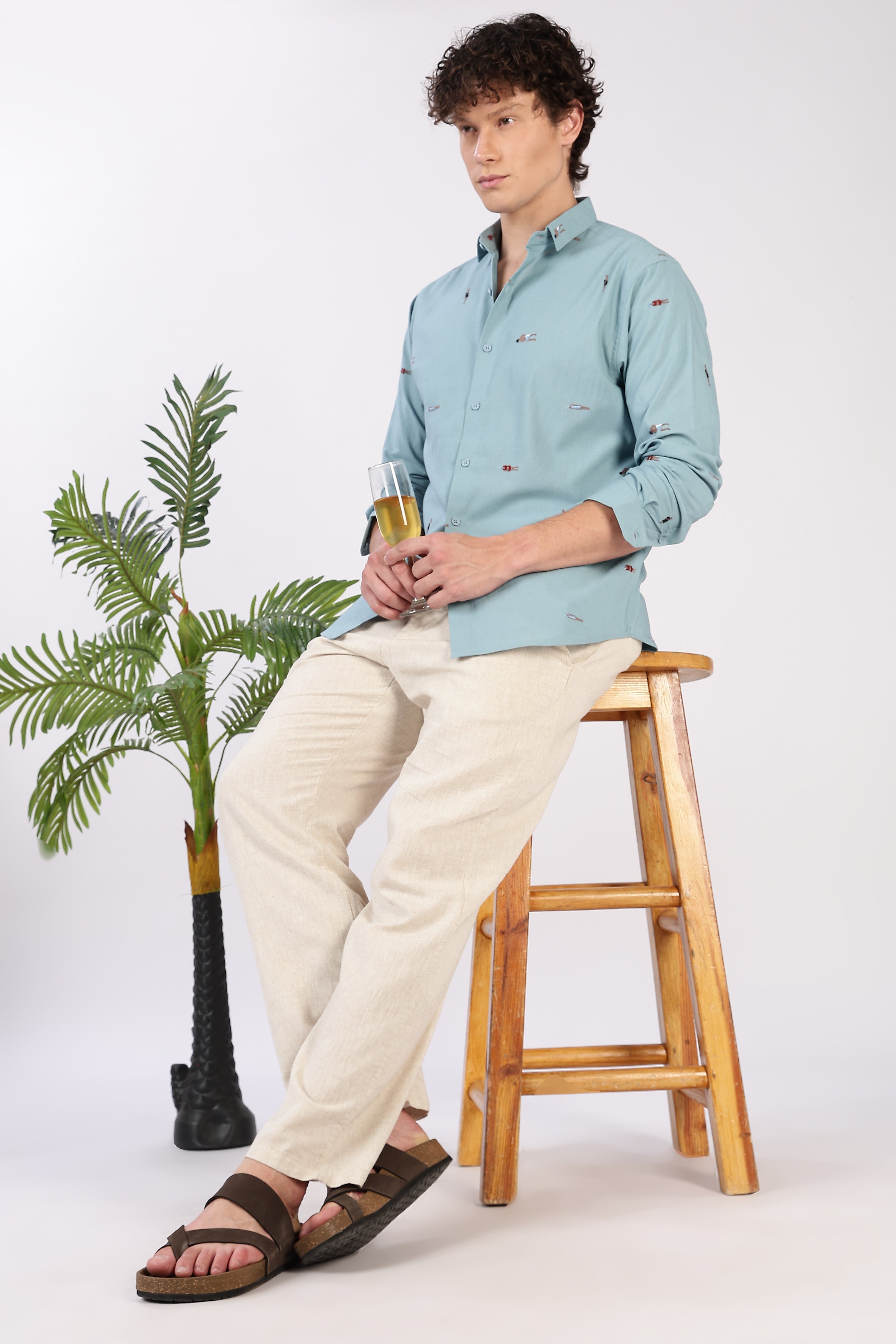 Aqua Beach Walk Embroidered Cotton Shirt