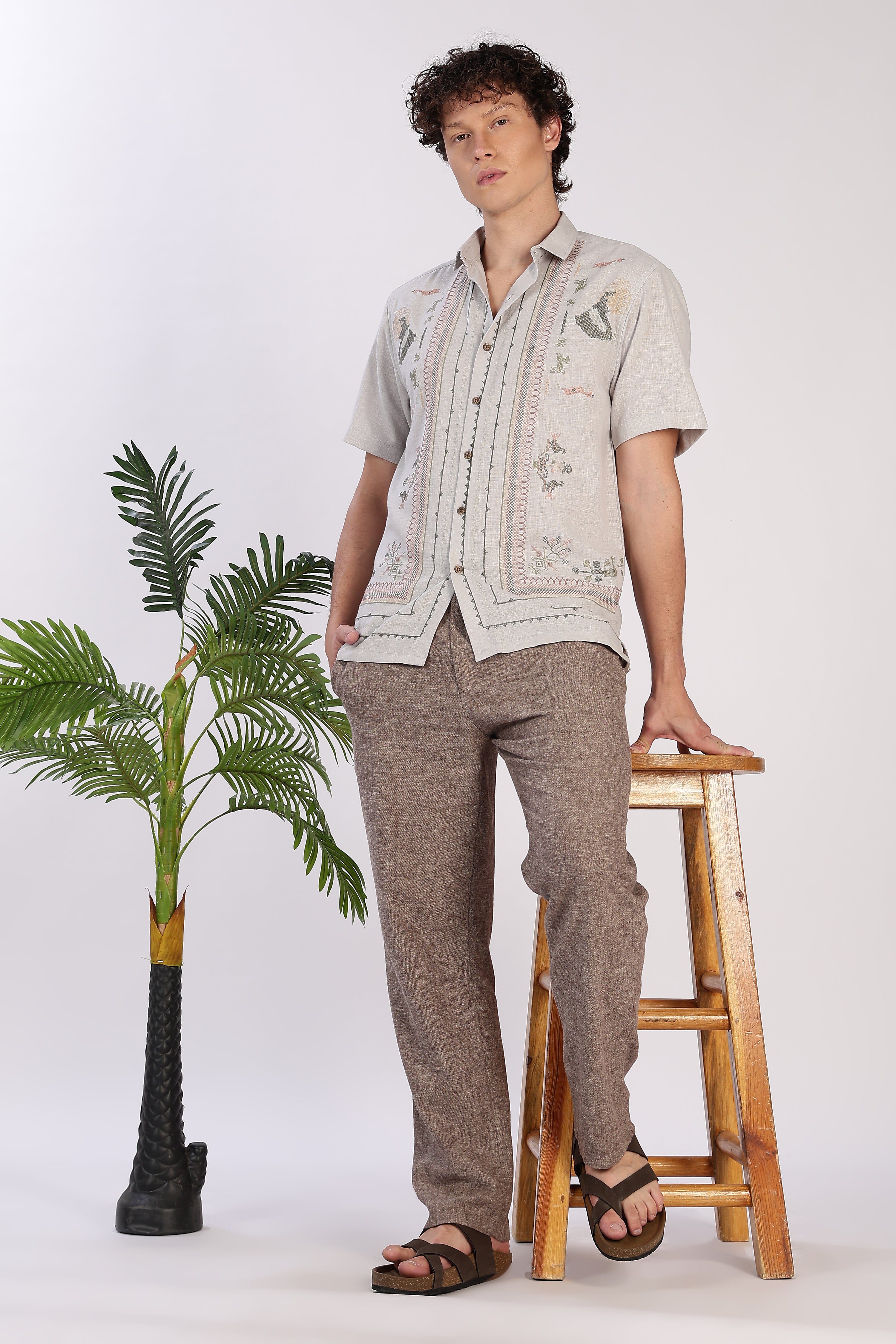 Sands of Sahara Cotton Box Fit Grey Embroidered Shirt