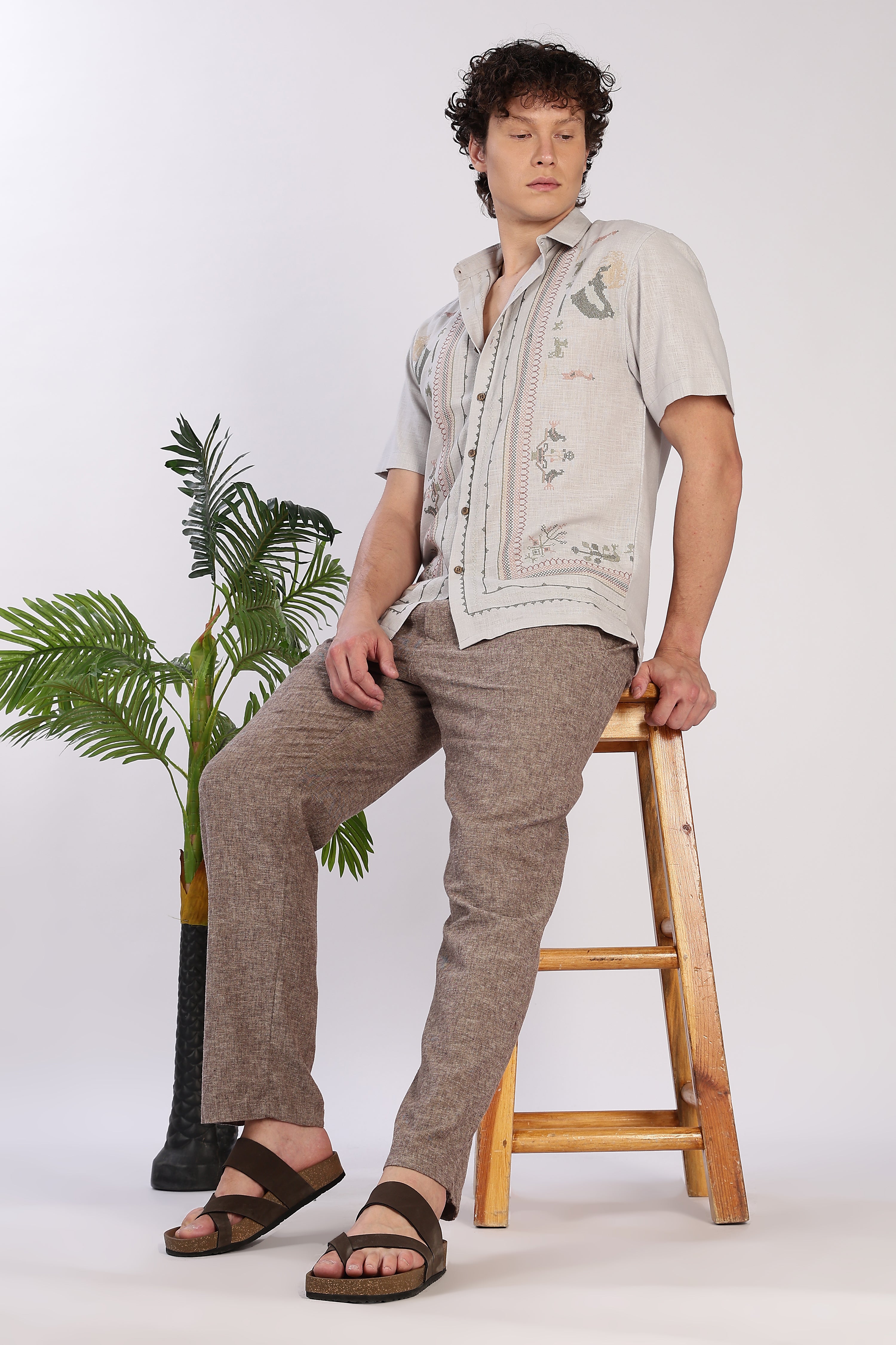 Sands of Sahara Cotton Box Fit Grey Embroidered Shirt