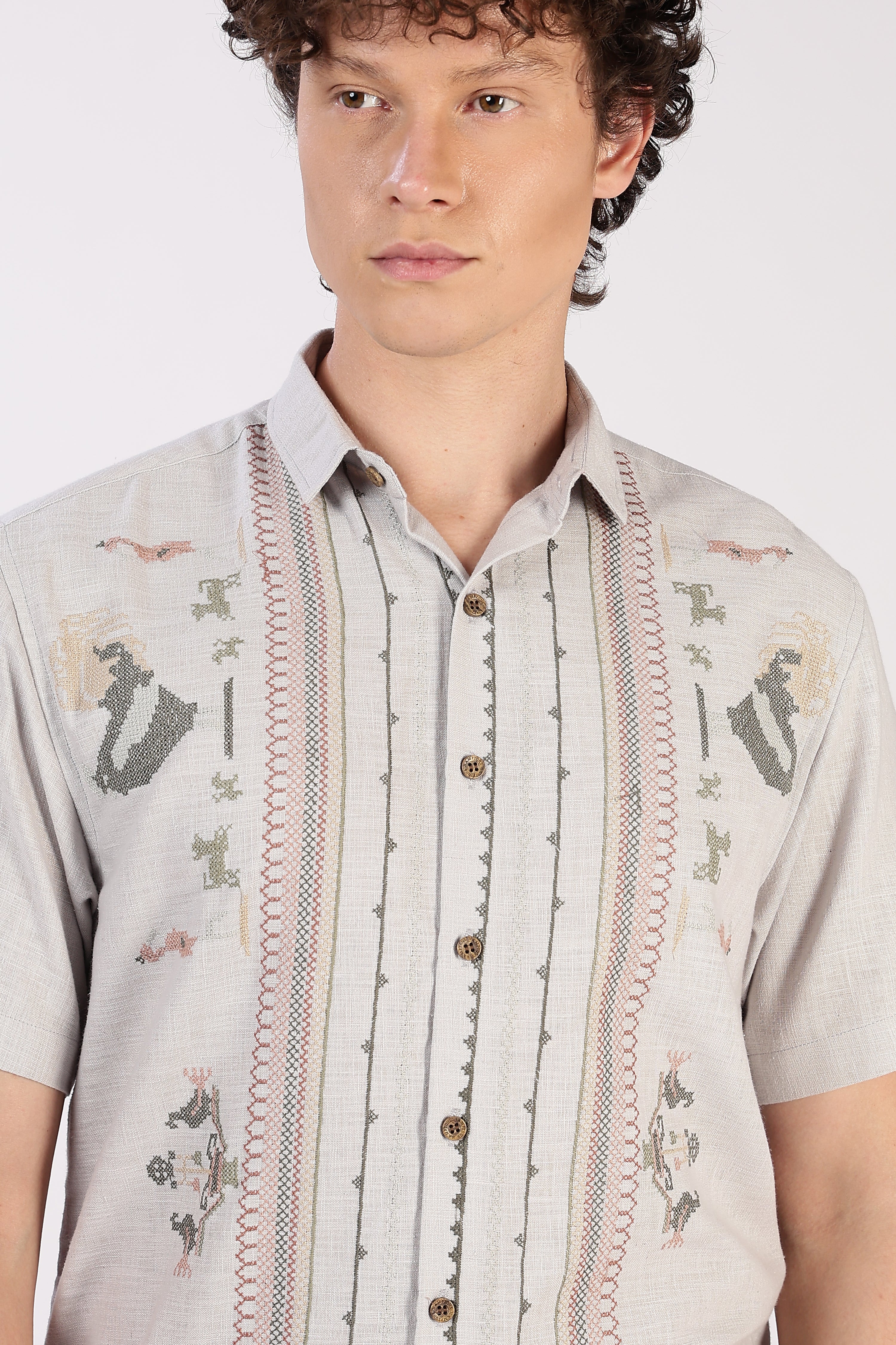 Sands of Sahara Cotton Box Fit Grey Embroidered Shirt
