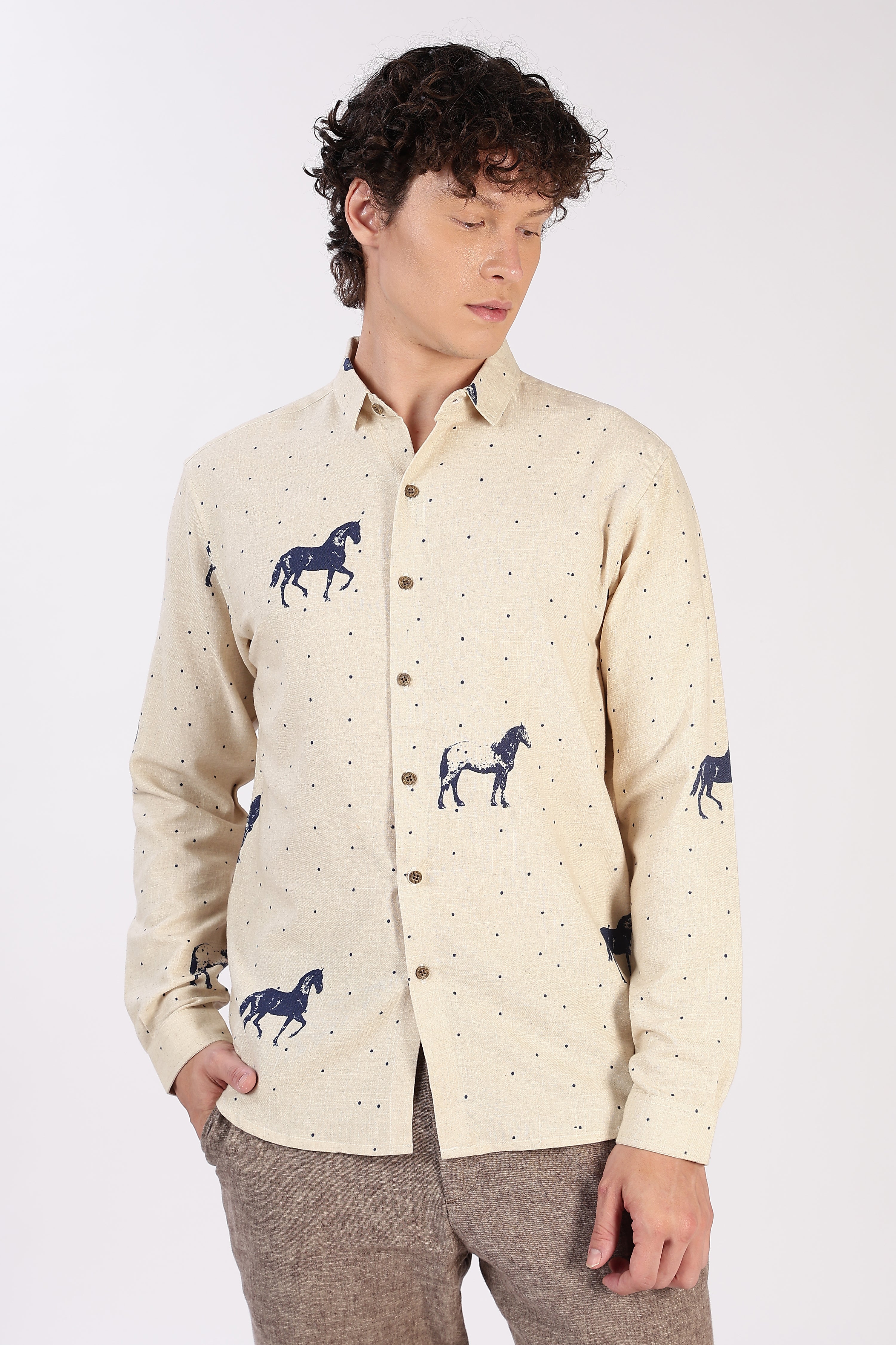Desert Horse Motif Printed Cotton Shirt