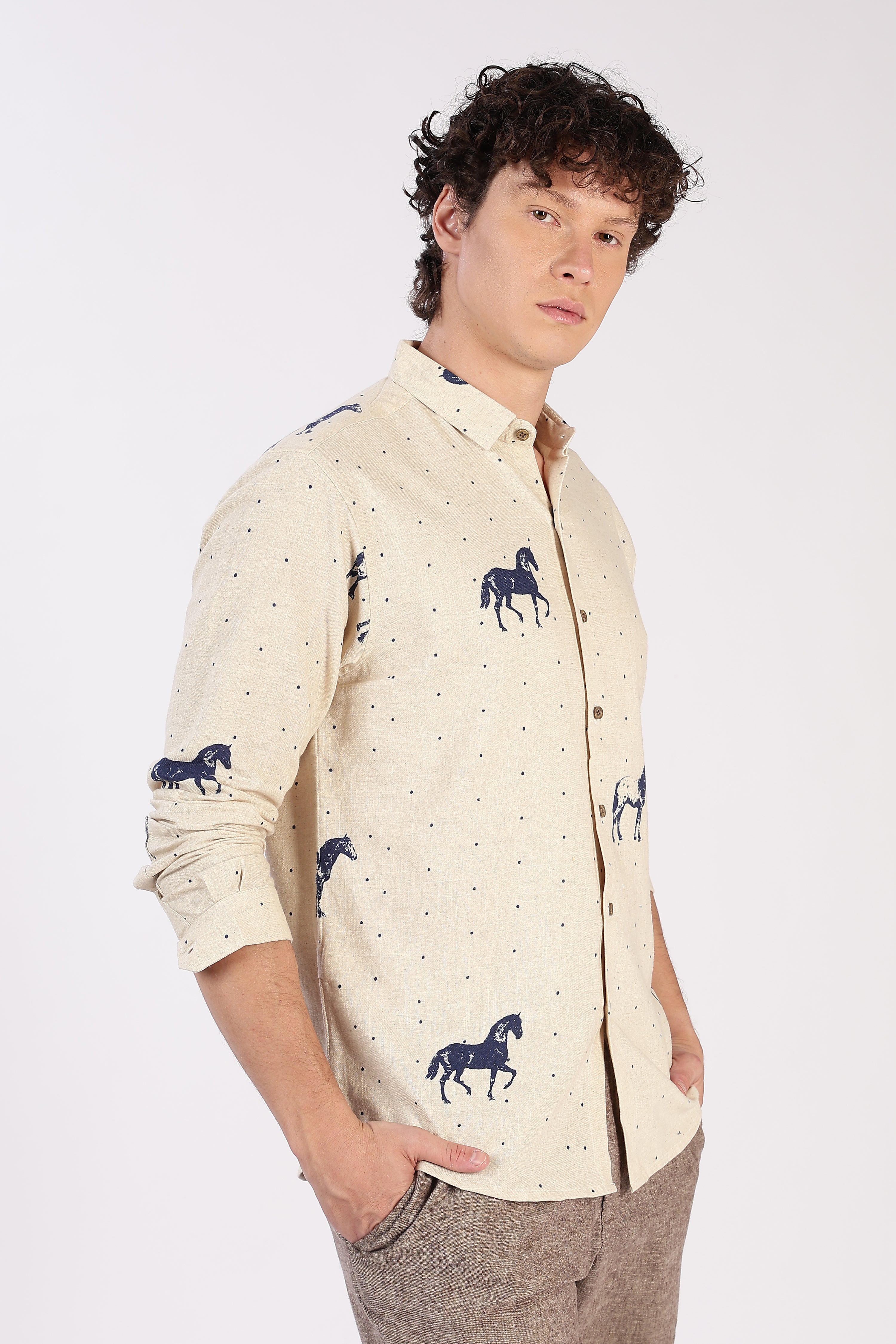 Desert Horse Motif Printed Cotton Shirt
