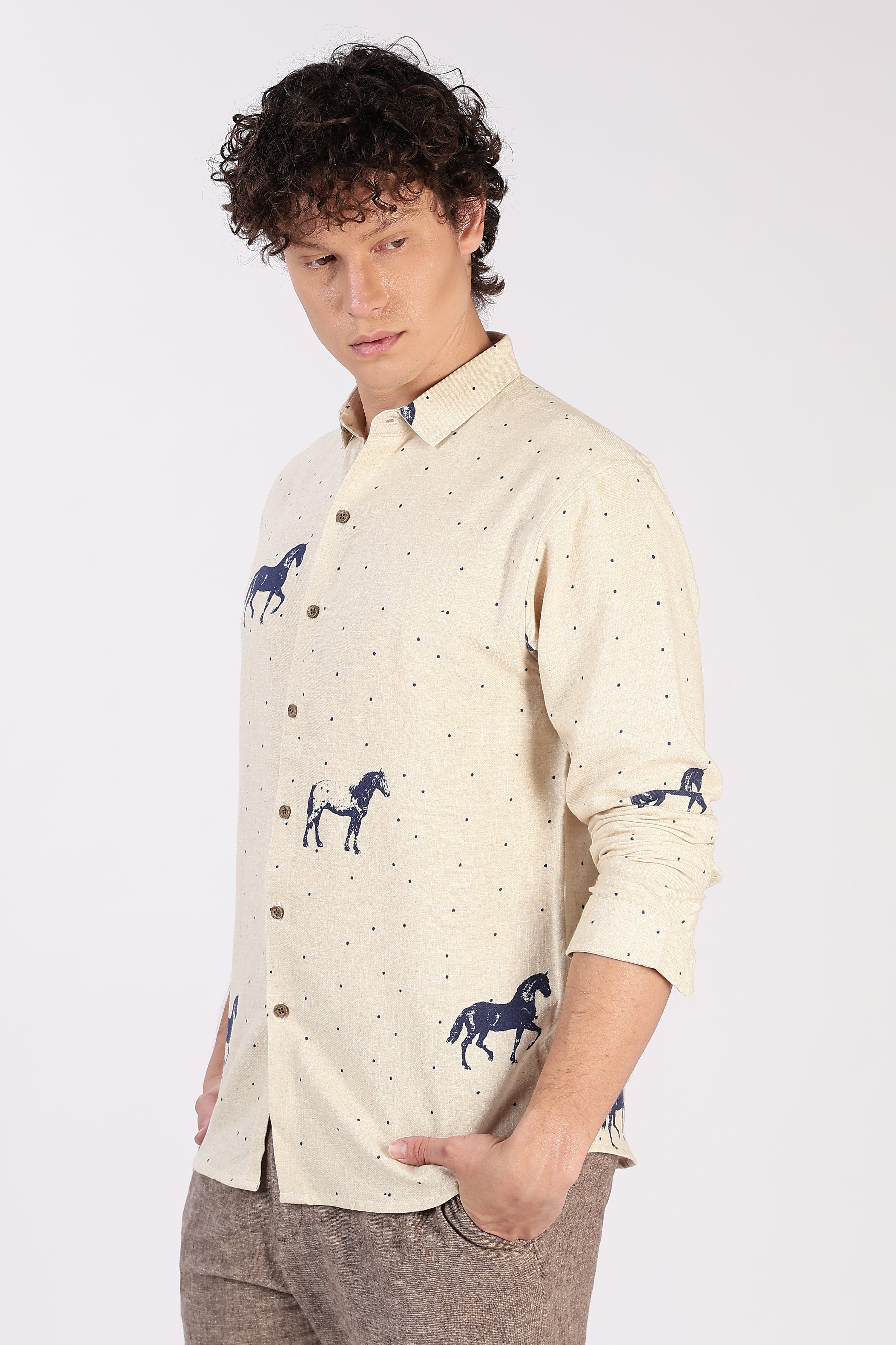 Desert Horse Motif Printed Cotton Shirt