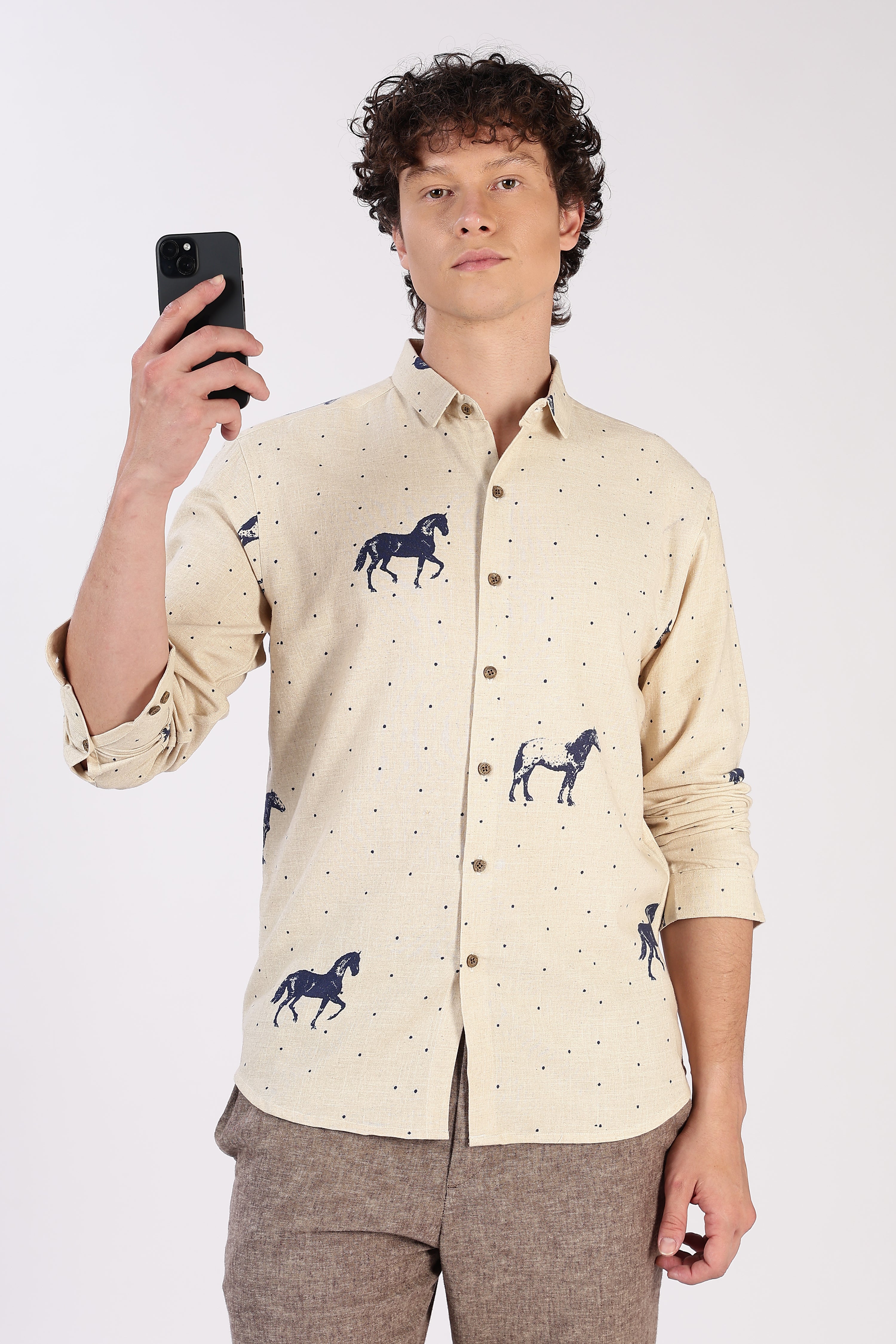 Desert Horse Motif Printed Cotton Shirt