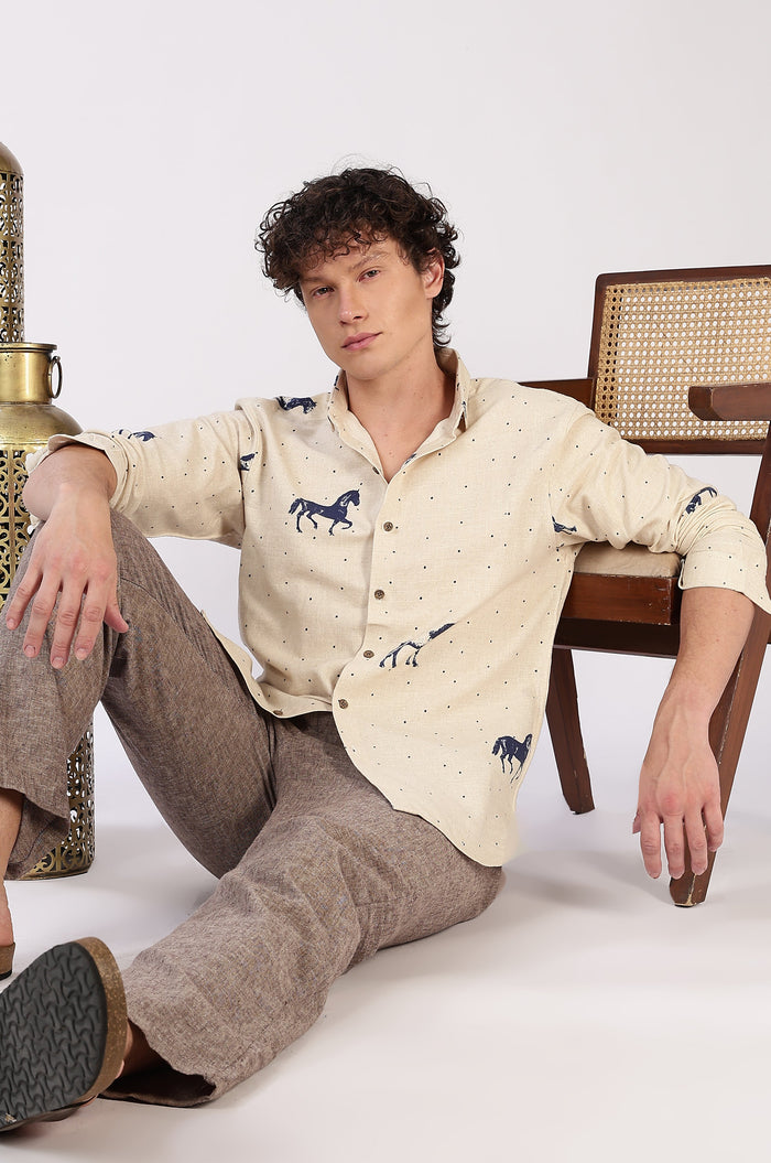 Desert Horse Motif Cotton Regular Fit Beige Printed Shirt