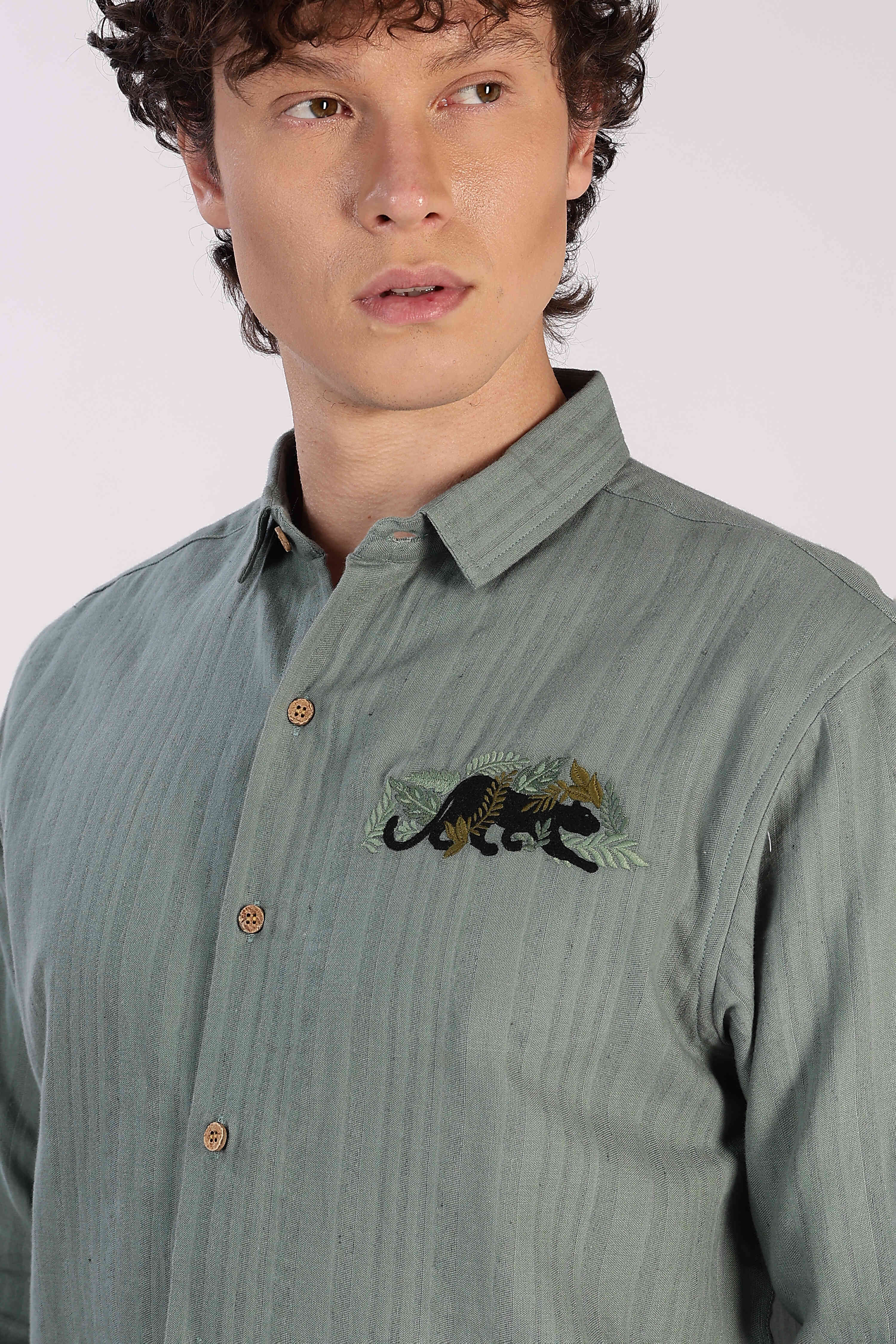 Jungle Prowl Cotton Regular Fit Green Striped Shirt