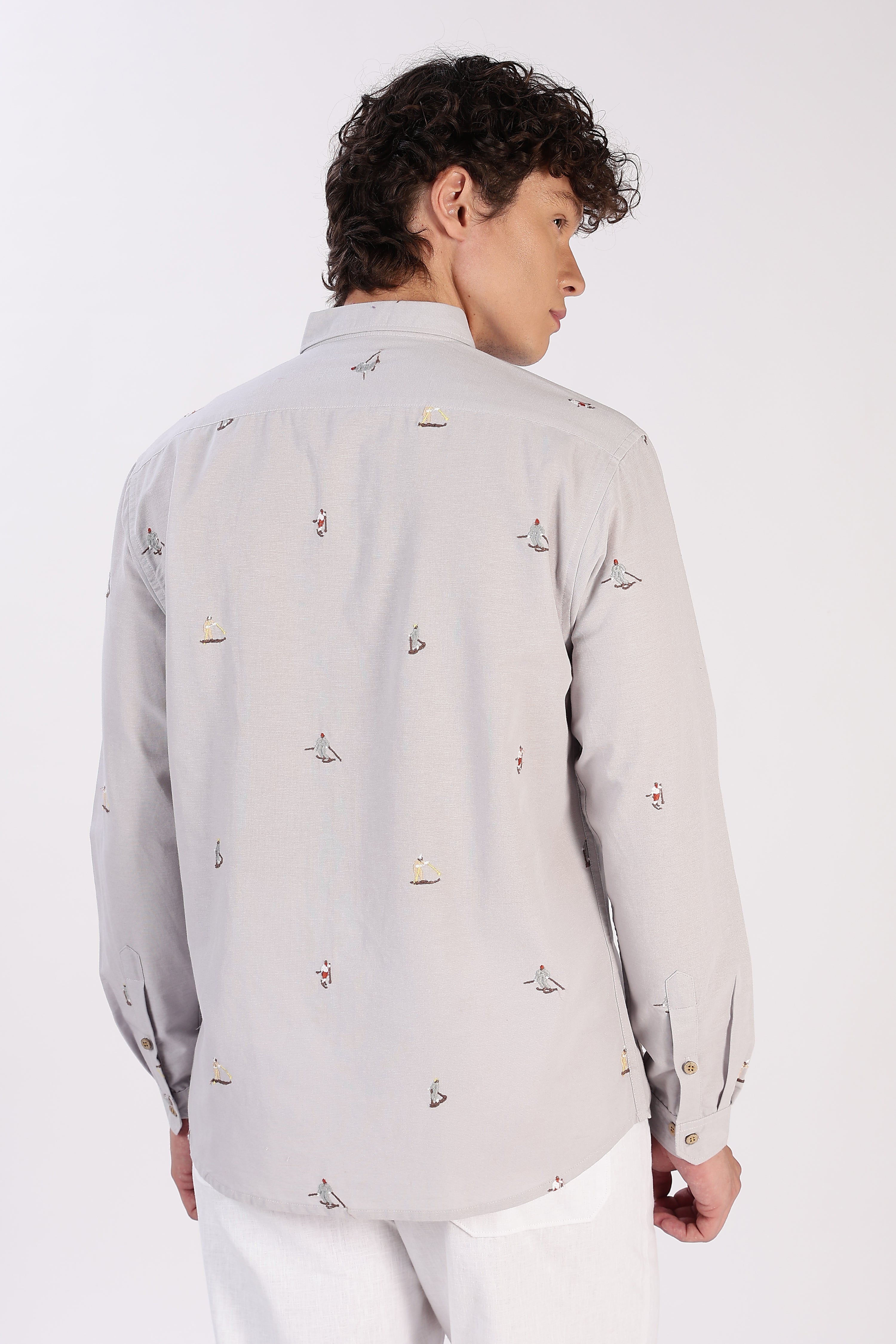 Grey Surfscape Motif Embroidered Cotton Shirt
