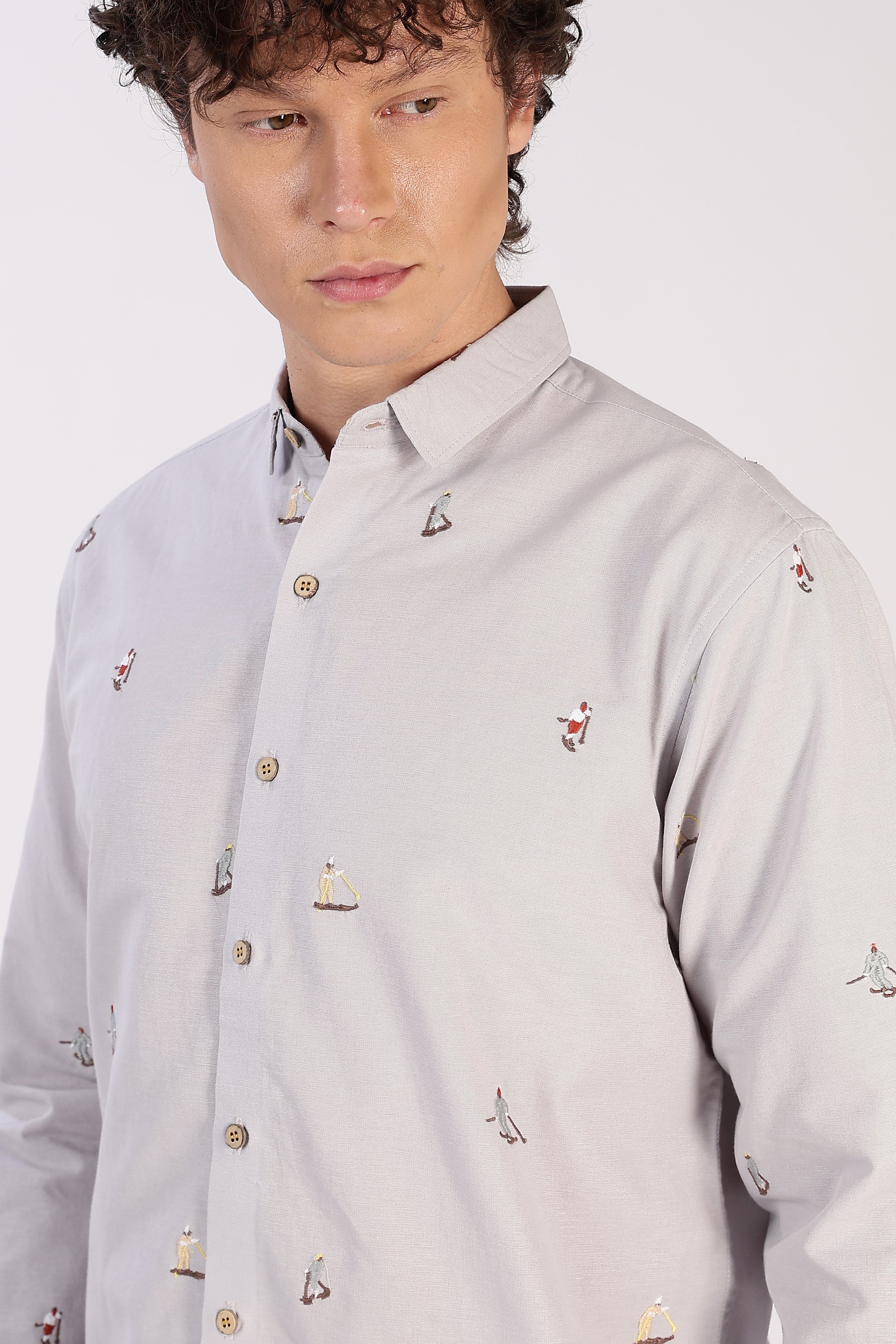Grey Surfscape Embroidered Cotton Shirt