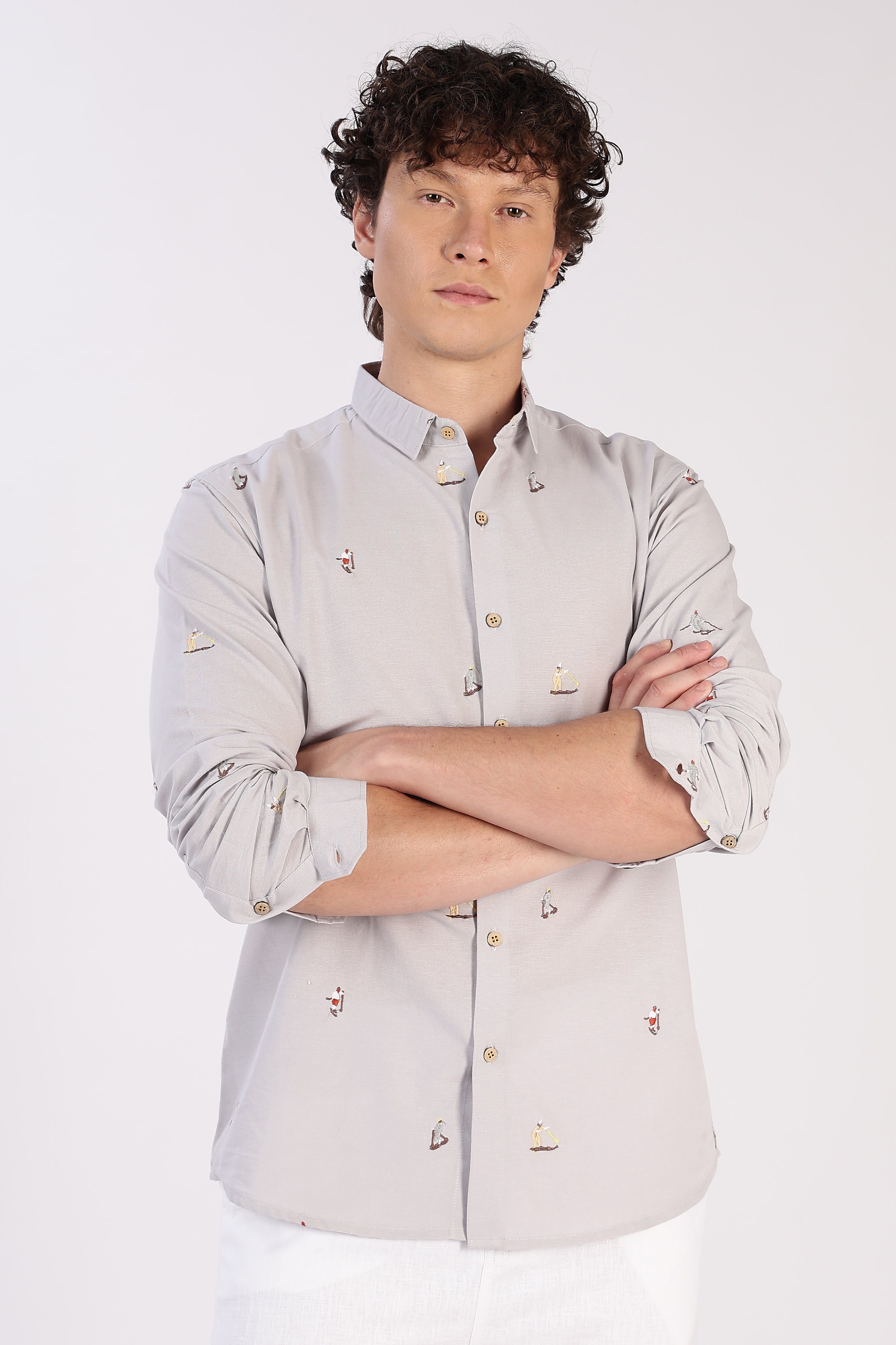 Grey Surfscape Embroidered Cotton Shirt