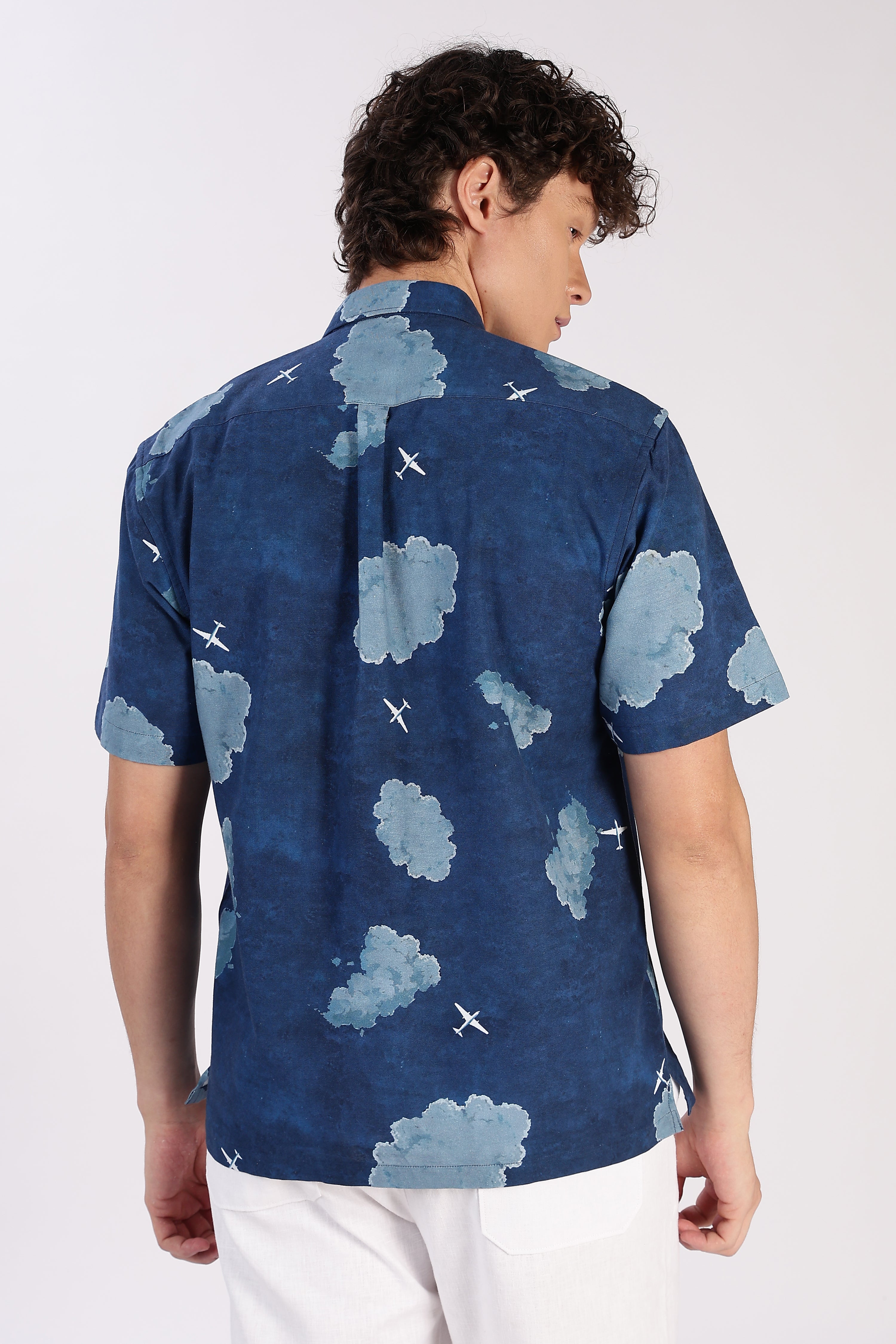 Cloudscape bound Cotton Regular Fit Blue Printed Shirt