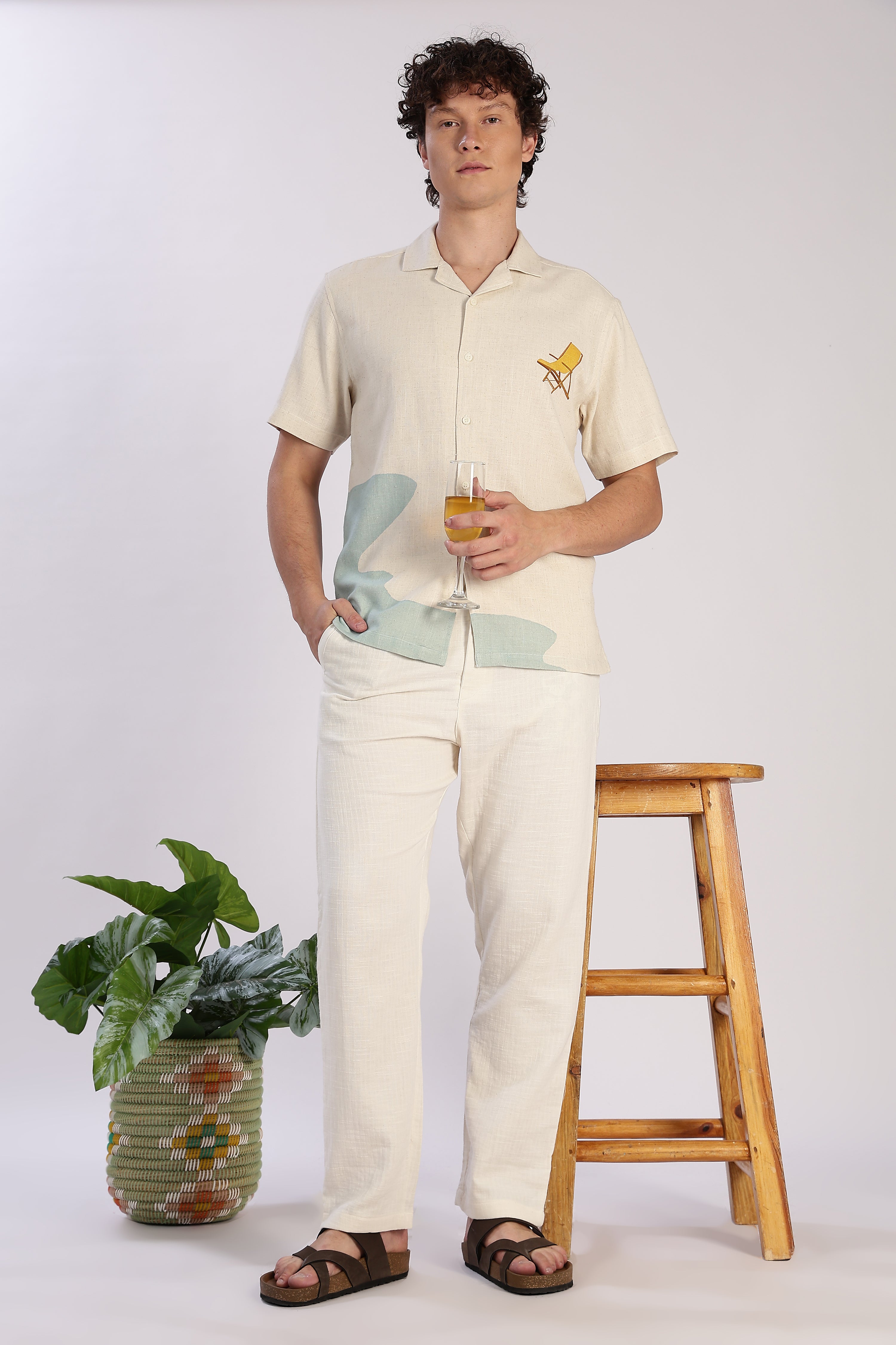 Sunset Lounger Cotton Box Fit Beige Printed Shirt