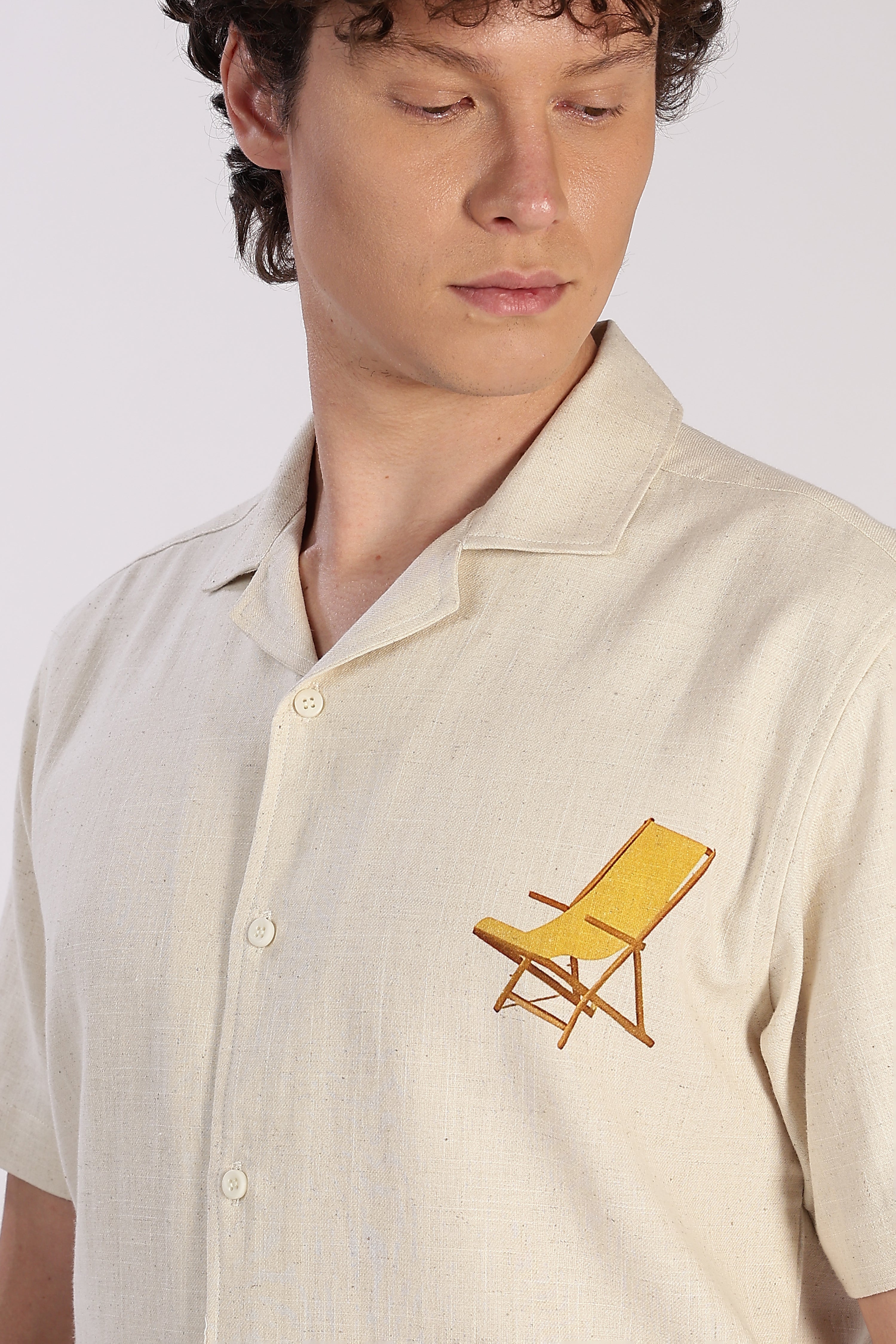 Sunset Lounger Cotton Box Fit Beige Printed Shirt