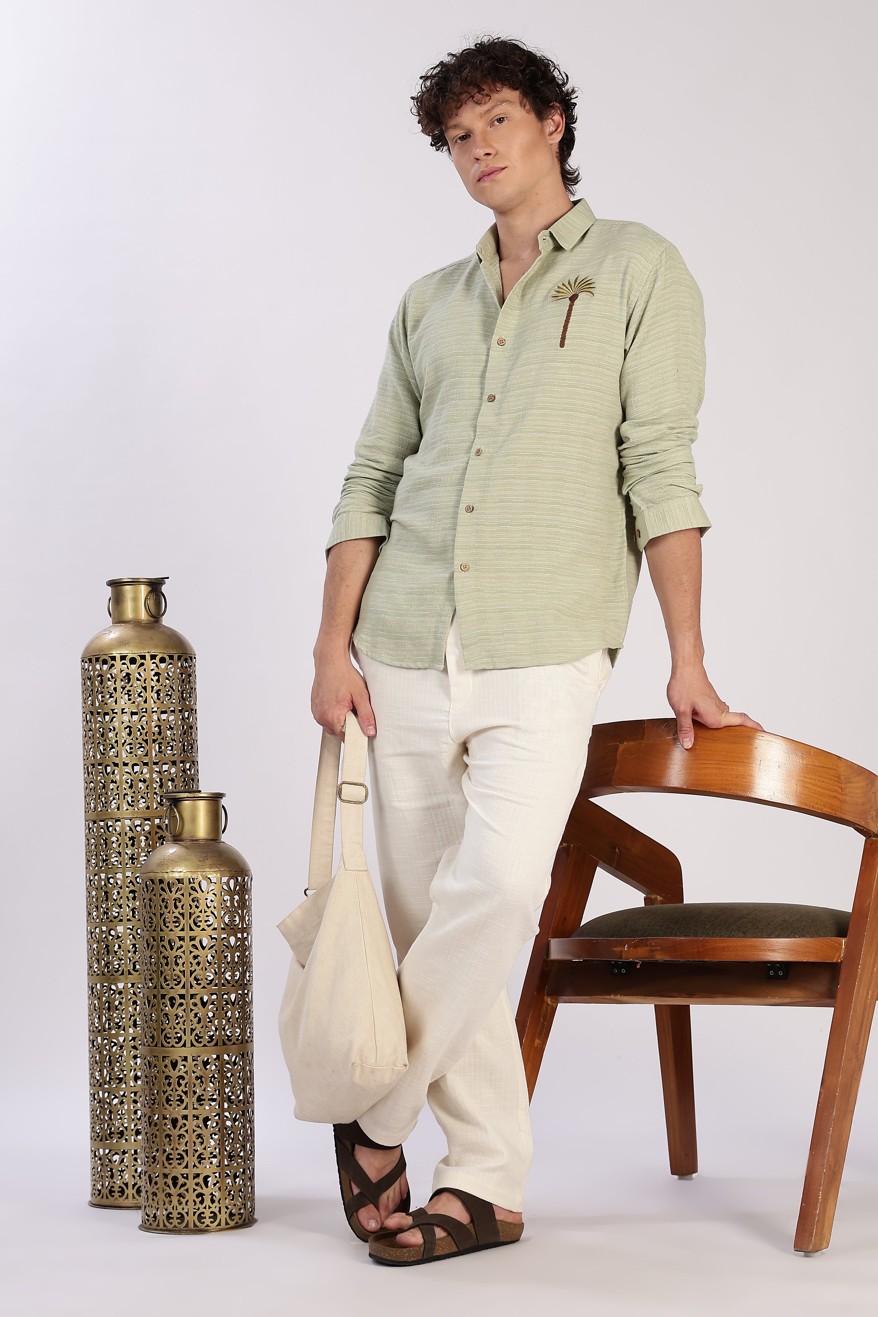 Palm Crest Cotton Regular Fit Sage Green Striped Shirt