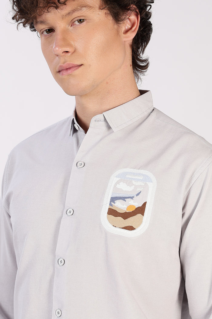 Wanderlust Cotton Regular Fit Grey Embroidery Shirt