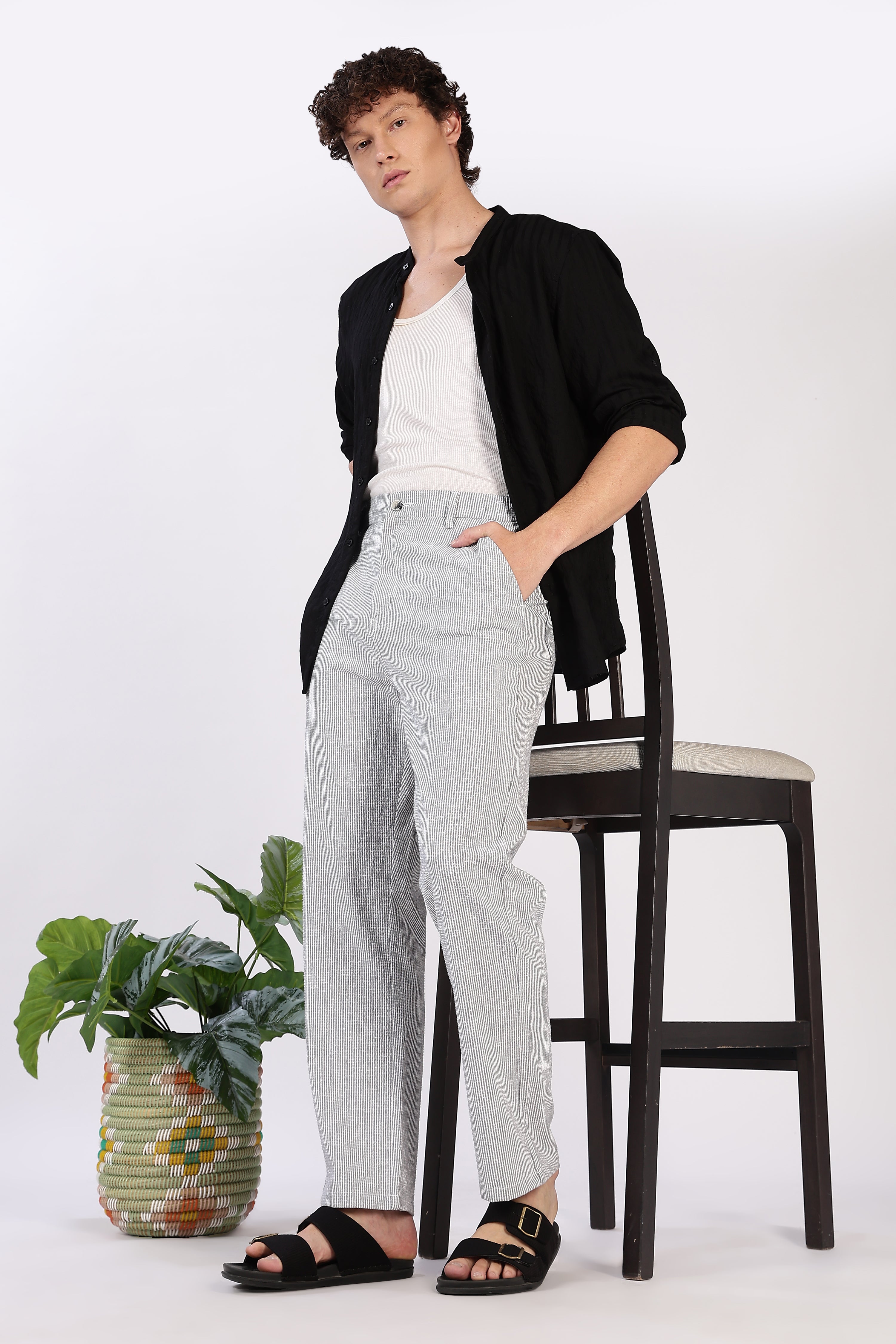 Seer Sucker 100% Cotton Straight Fit Grey Pant