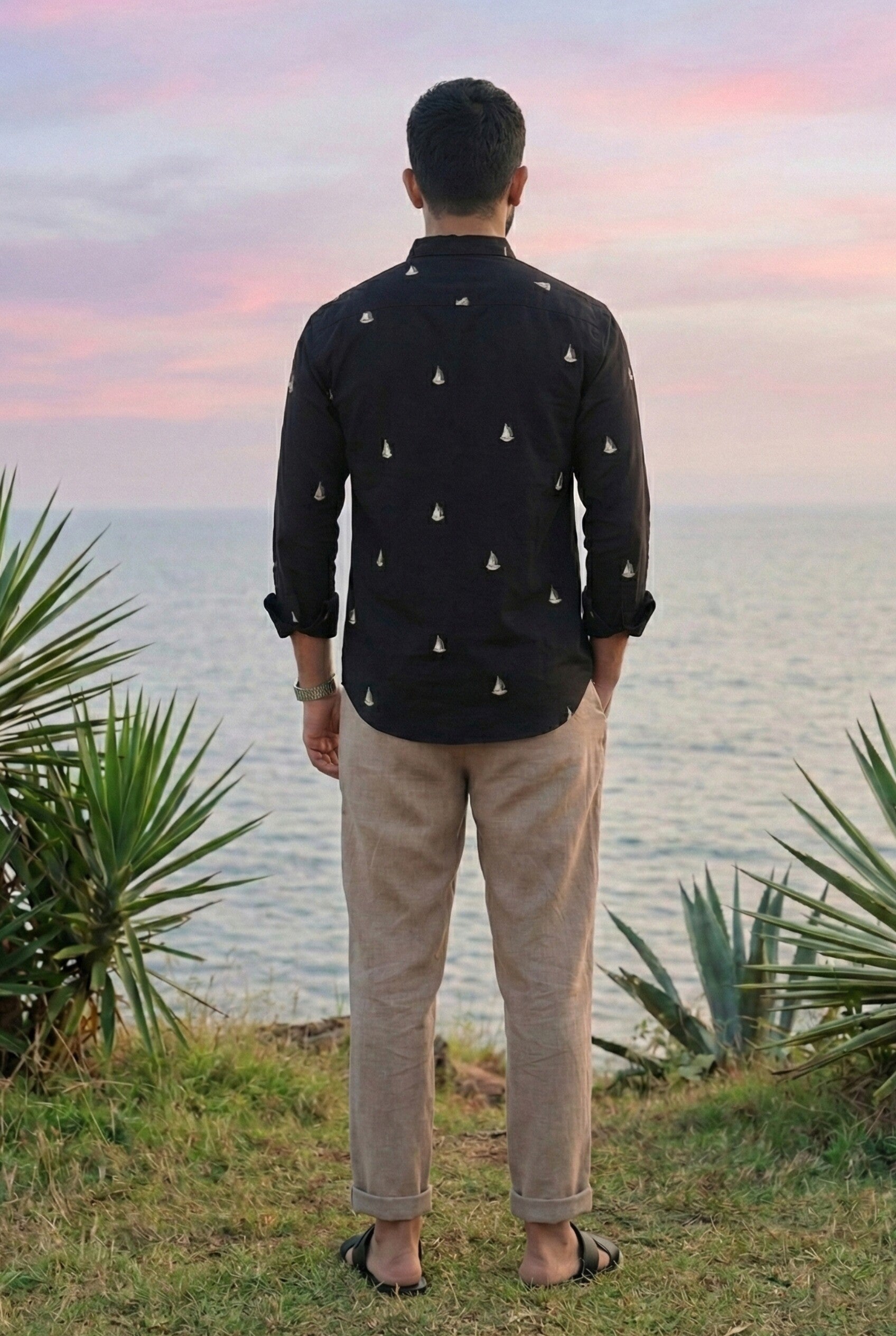 Midnight Sailboat Cotton Regular Fit Black Embroidered Shirt