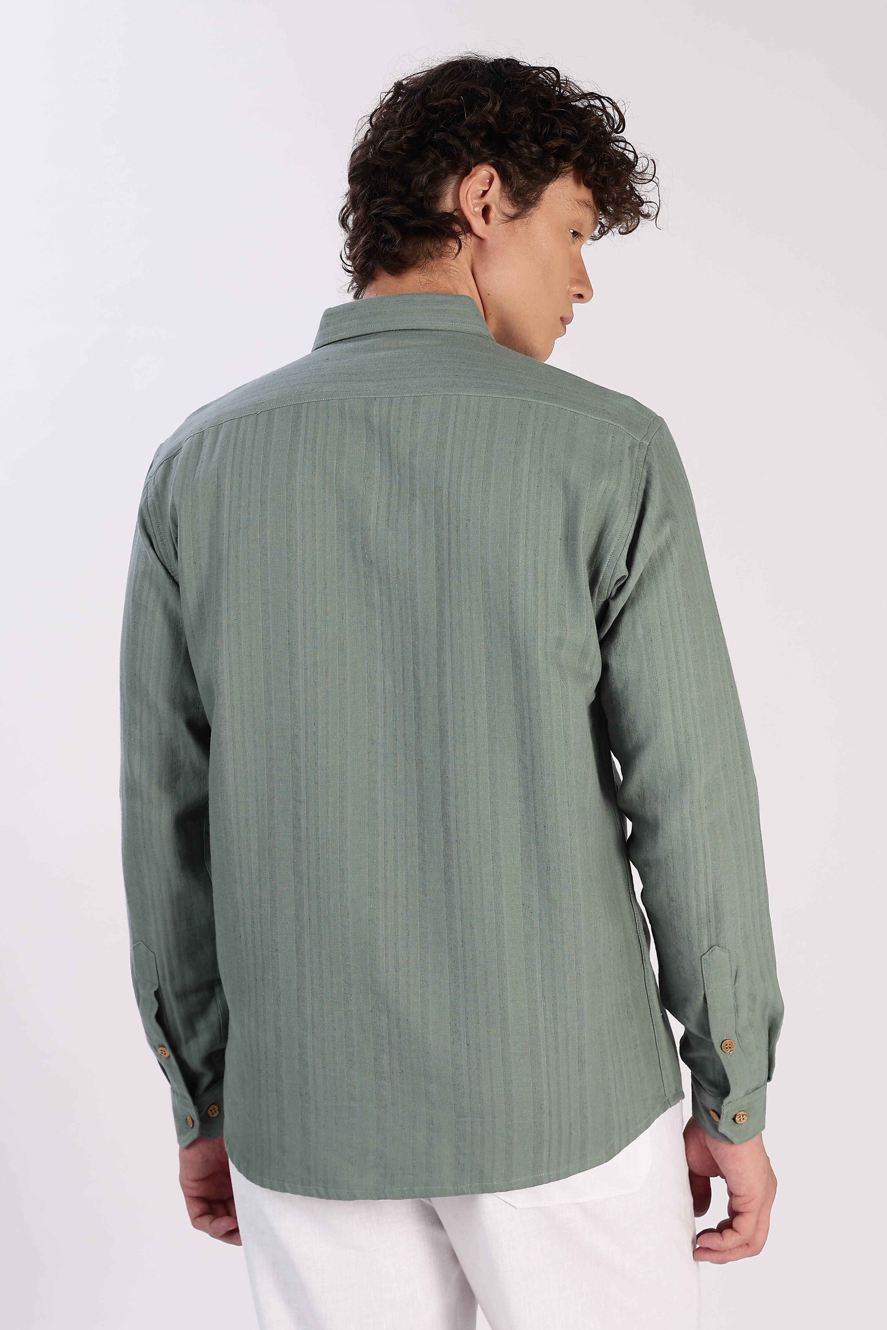 Jungle Prowl Cotton Regular Fit Green Striped Shirt