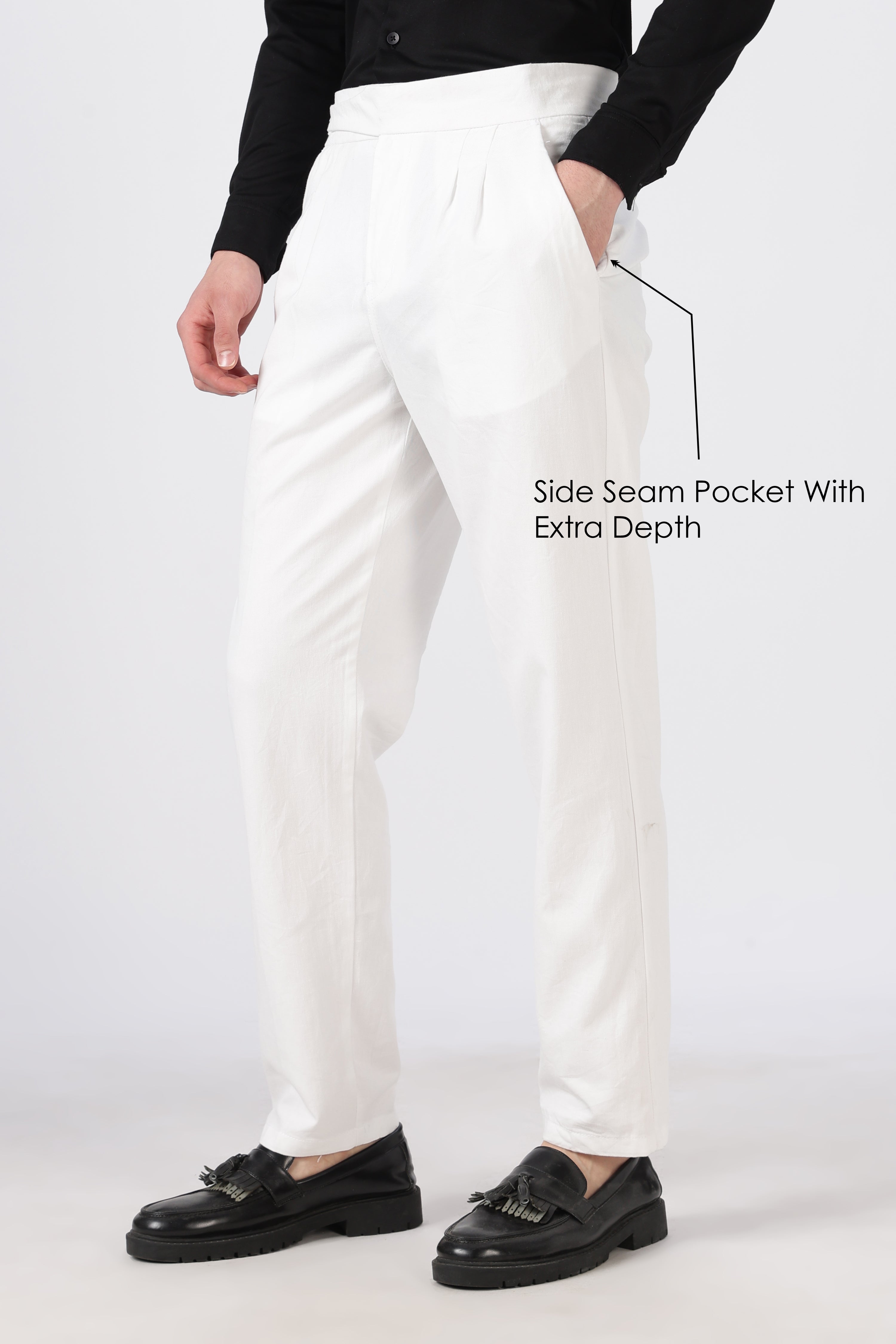 Italian Style White Pleated Straight Fit Pants