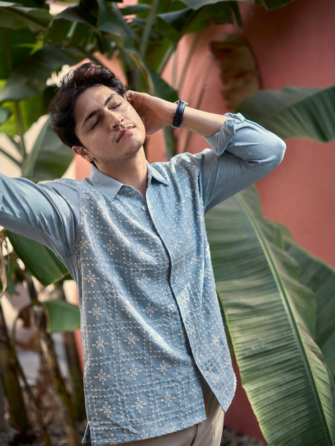 River Blue All Over Cotton Regular Fit Blue Embroidered Shirt