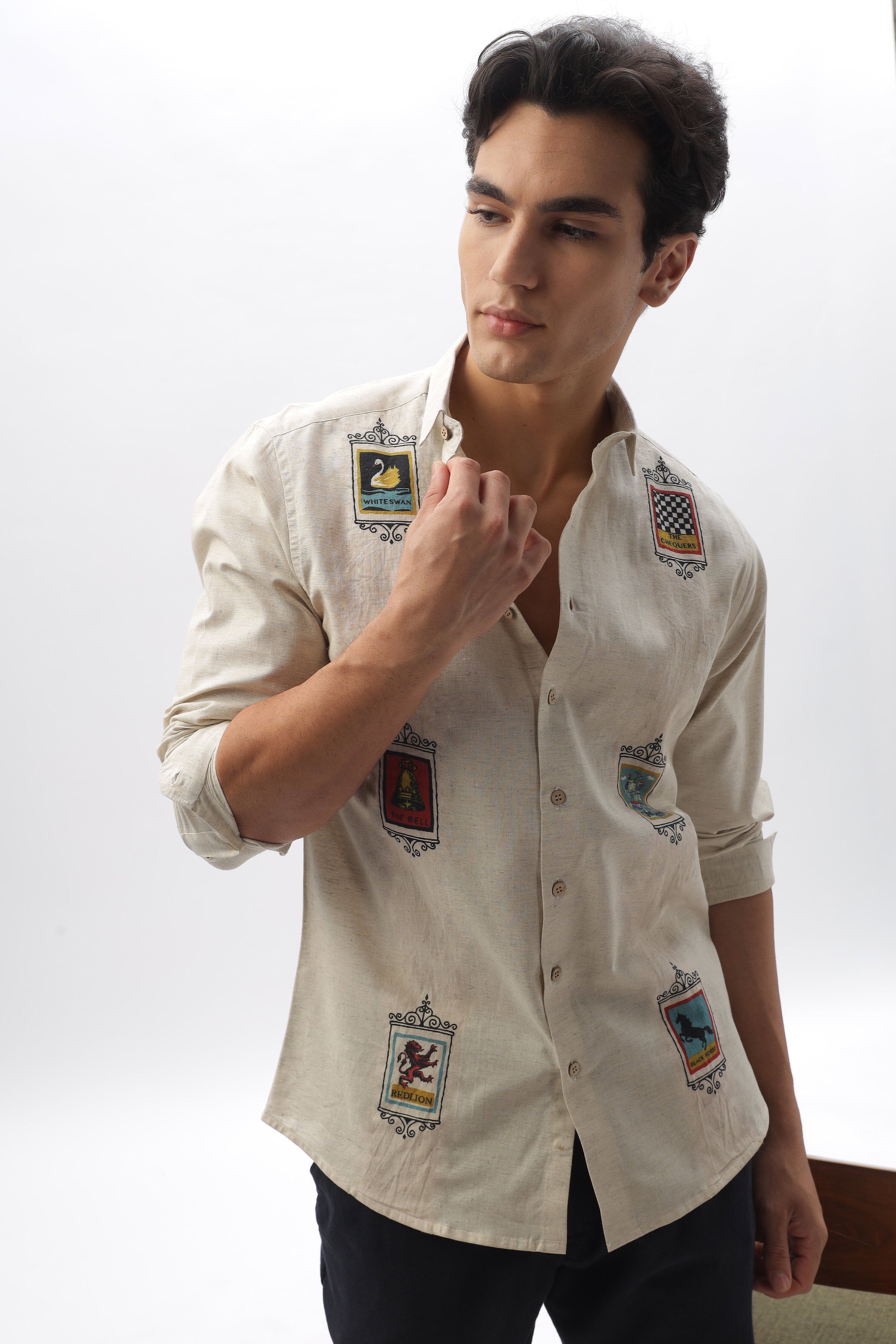 Mystic Forces Beige Placement Printed 100% Cotton Shirt